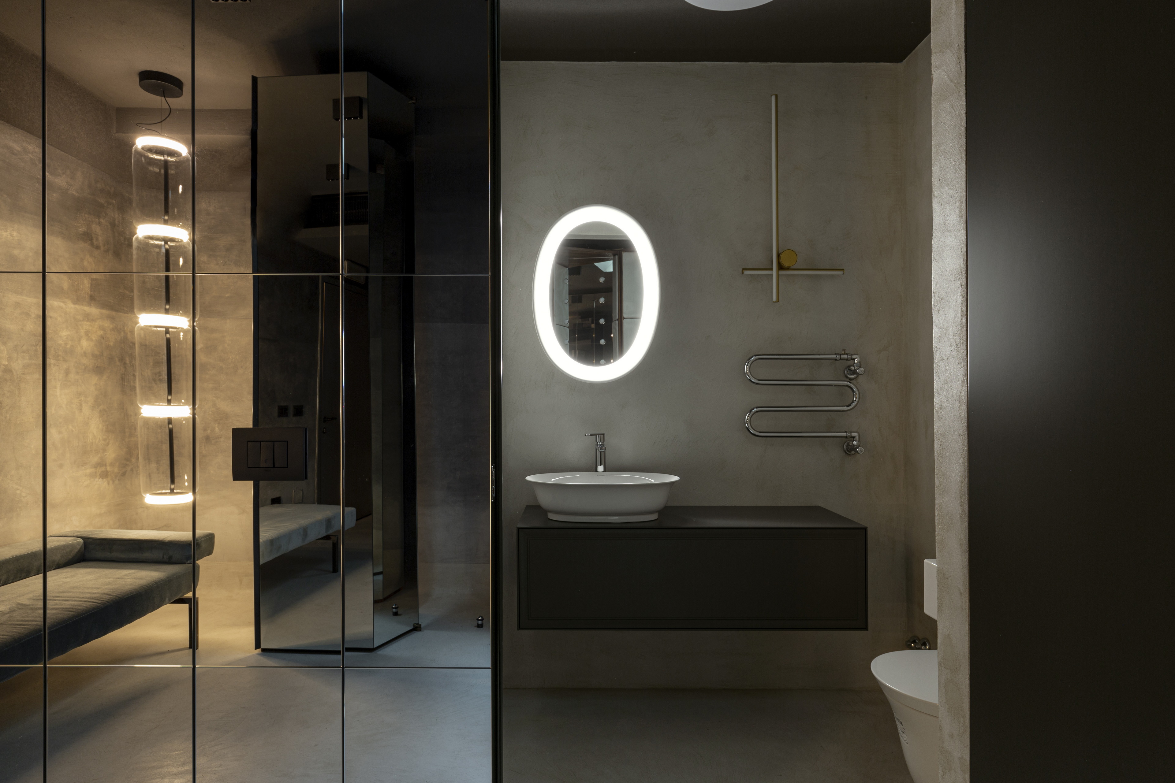 Teatro Arcimboldi dressing room by Galante + Menichini Architetti TerraTon Floor Smooth Panna on the floor, TerraTon Wall Smooth Panna on bathroom walls and ceiling, MultiTerra Pepe Nero CC 270621A on dressing room ceiling, TerraVista Wabi Liscio CC 140521