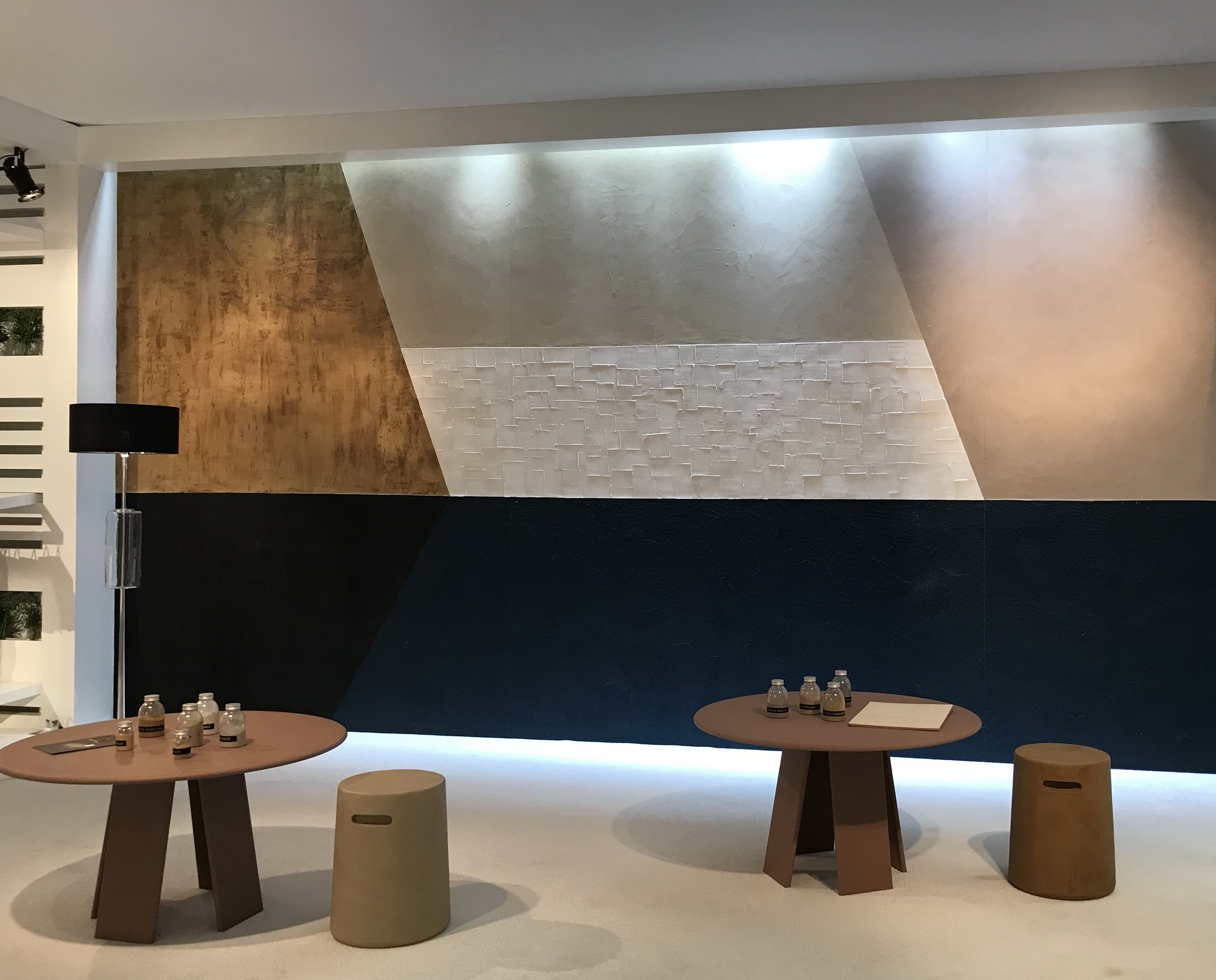 Matteo Brioni stand in Downtown Design Dubai 2017 made with TerraEvoca 2 Layers Custom, MultiTerra Structured Custom, TerraVista Wabi Caffè and Cannella and TerraVista Smooth Cipria
