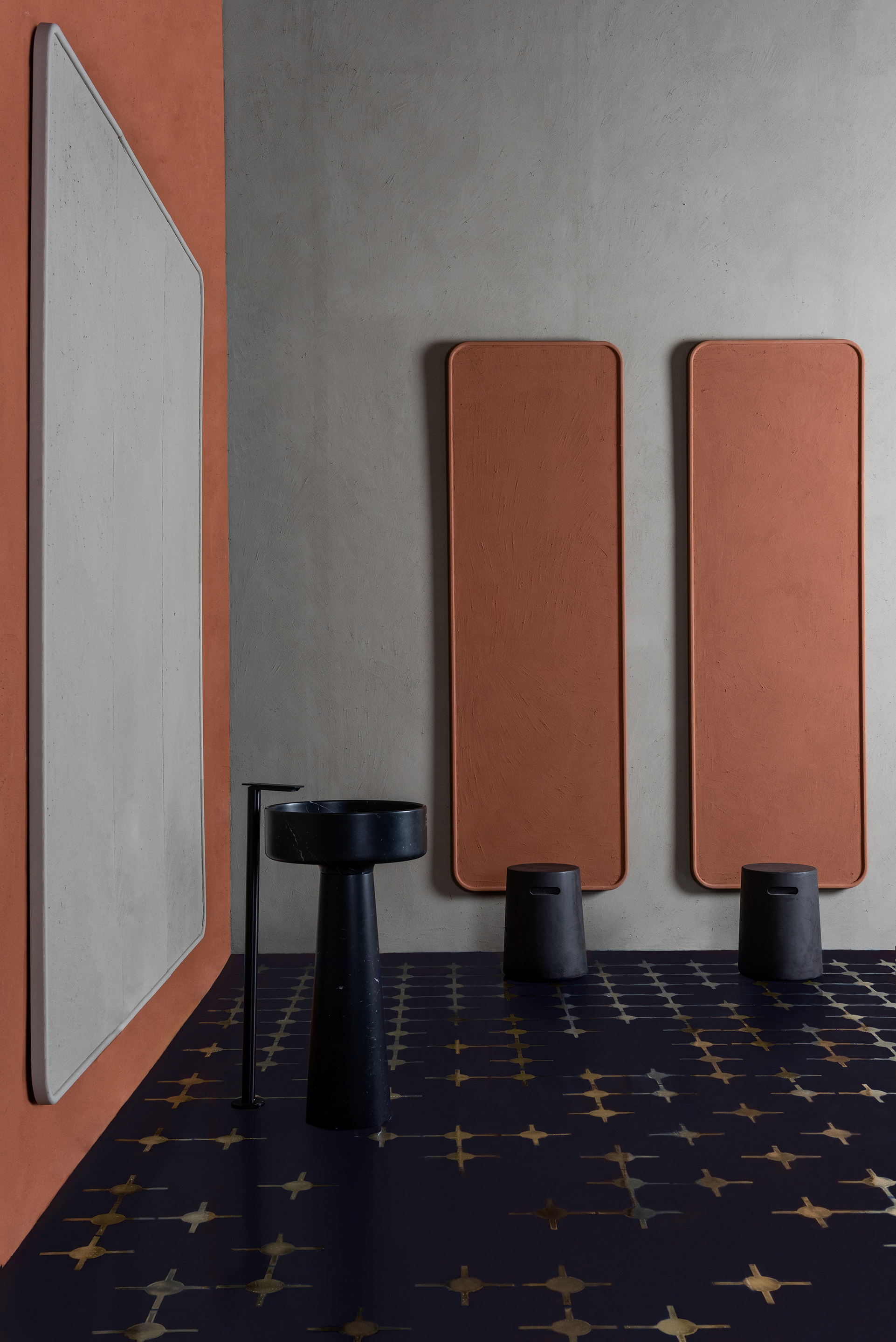 Fuorisalone in Milan, 2019, Matteo Brioni's cameo colour clay finishing plaster on Arazzi panels by Marialura Rossiello Irvine, photo by Nathalie Krag