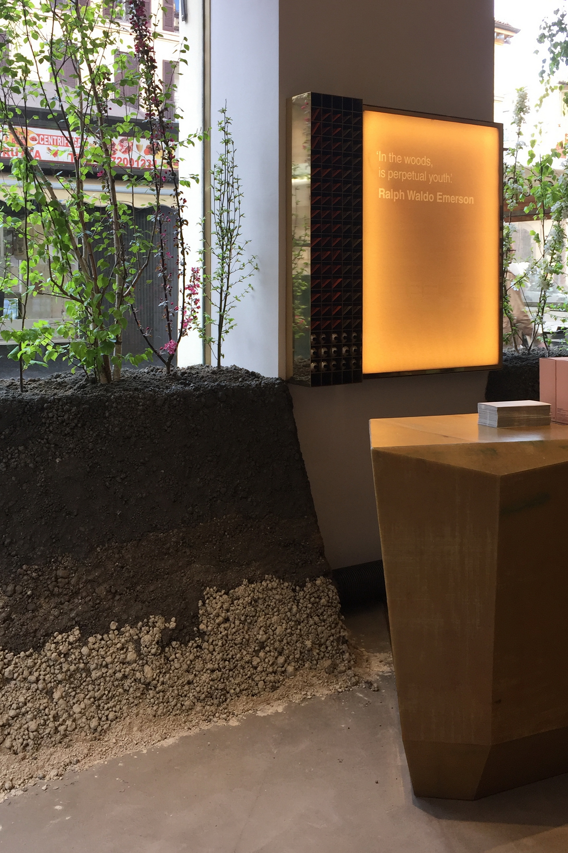 Aesop Brera shop installation during Milan Design Week 2019, by Inside Outside, made with raw earth with different color shades, photo by Trevor Mein et al.