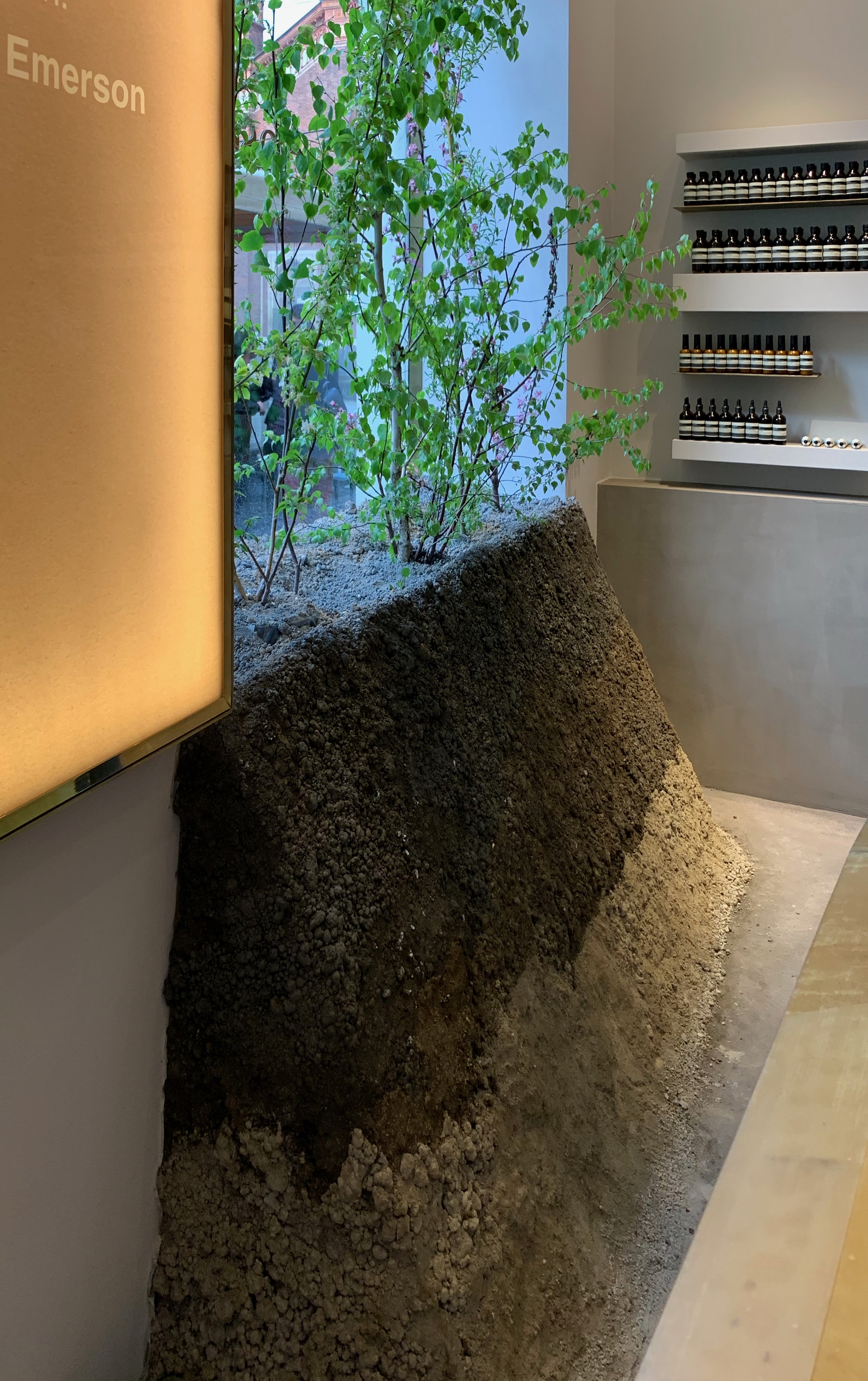 Aesop Brera shop installation during Milan Design Week 2019, by Inside Outside, made with raw earth with different color shades, photo by Trevor Mein et al.