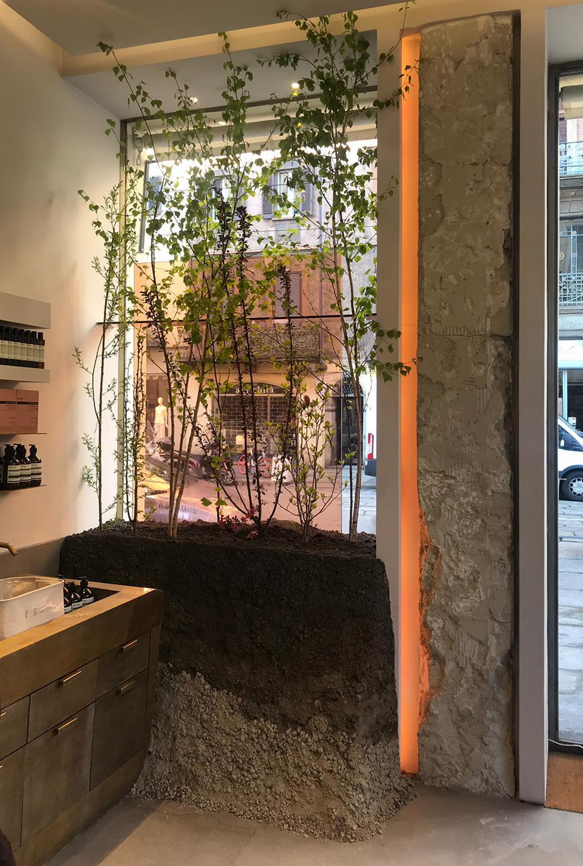 Aesop Brera shop installation during Milan Design Week 2019, by Inside Outside, made with raw earth with different color shades, photo by Trevor Mein et al.