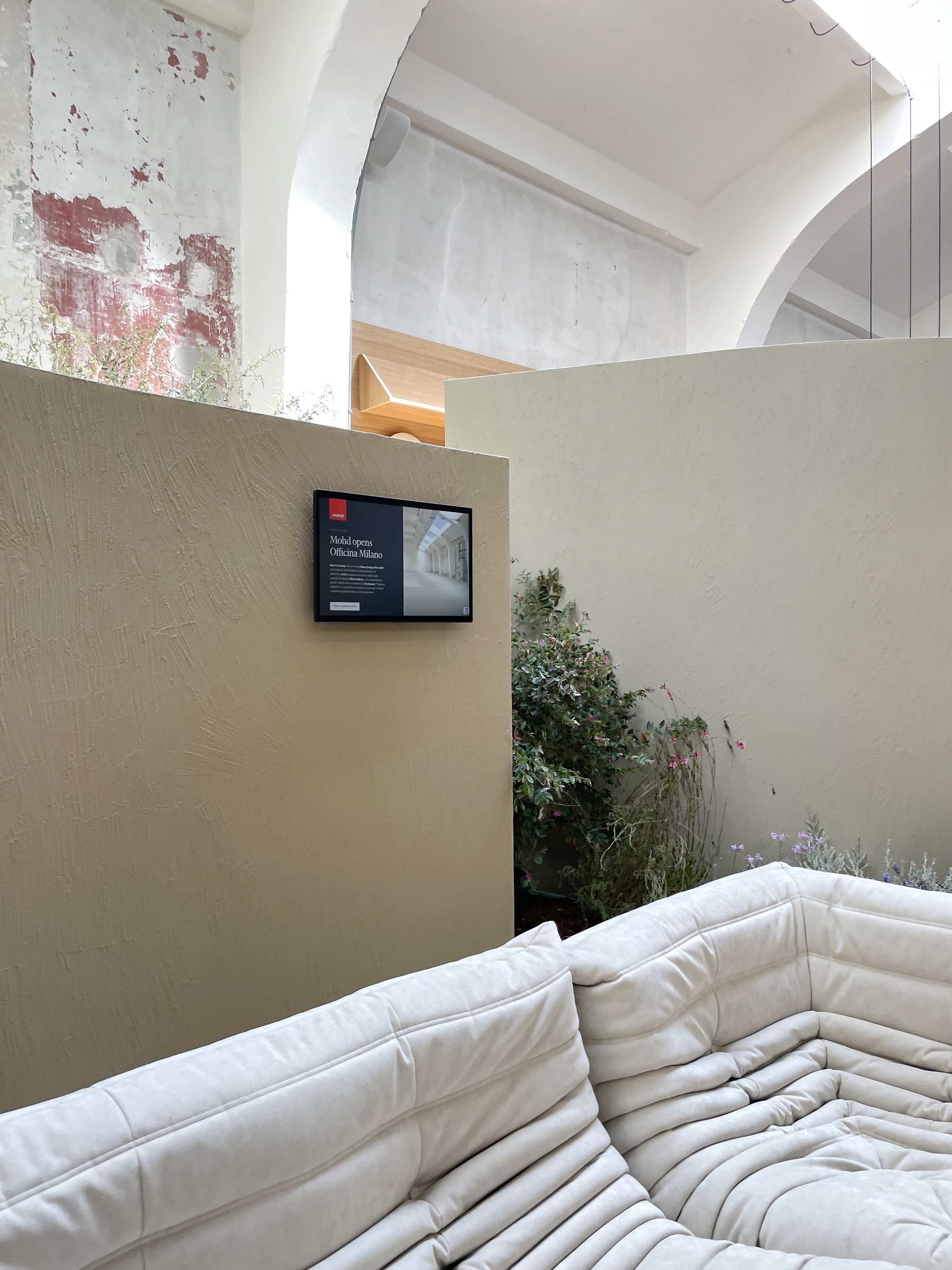 Matteo Brioni's coarse-grained clay finishing wall plaster MultiTerra Smooth for Mollura MOHD showroom in Milan. Project by Studio Pepe