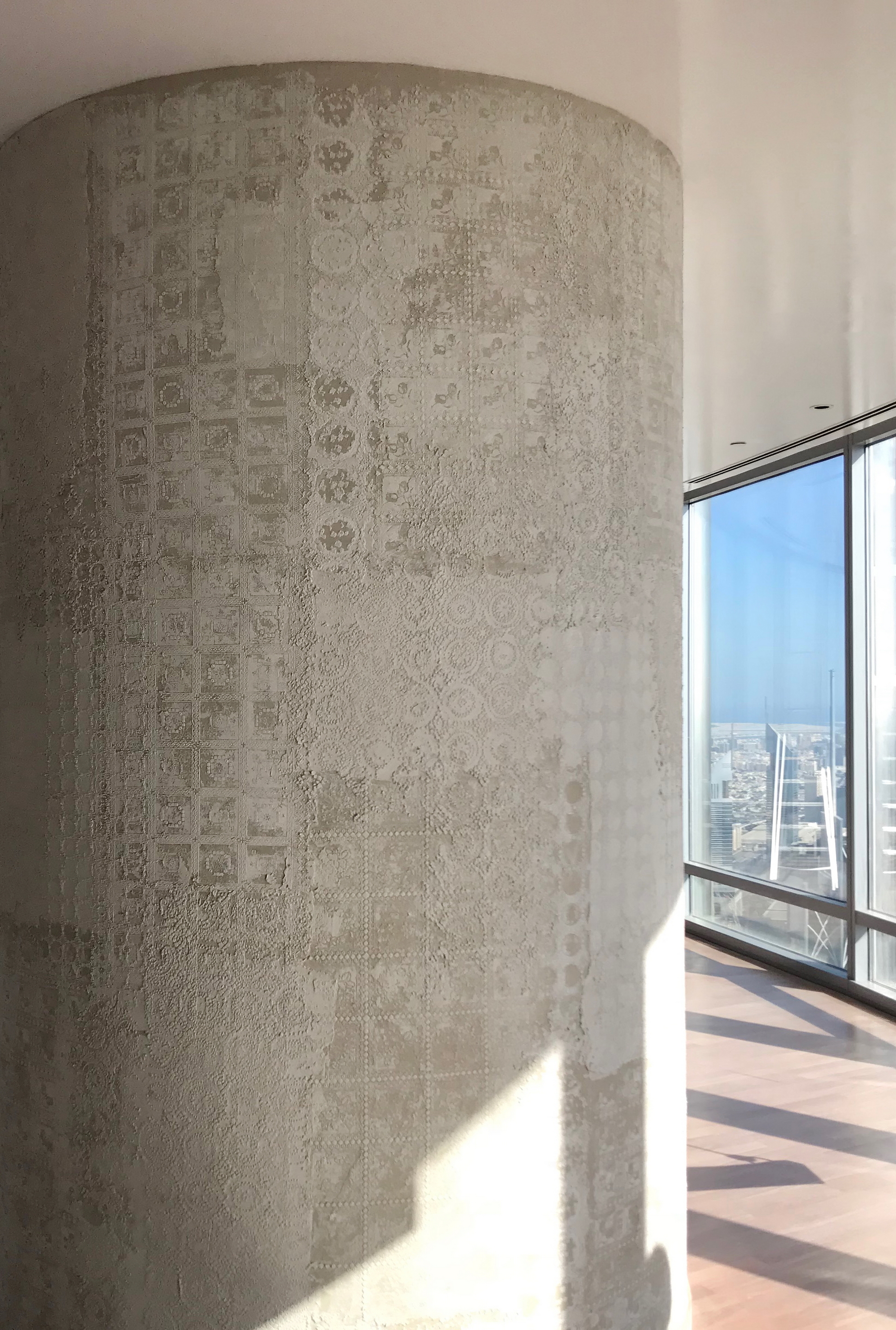 Matteo Brioni's textured clay plaster TerraEvoca 4 Layers for the walls of an apartment in the Burj Khalifa in Dubai
