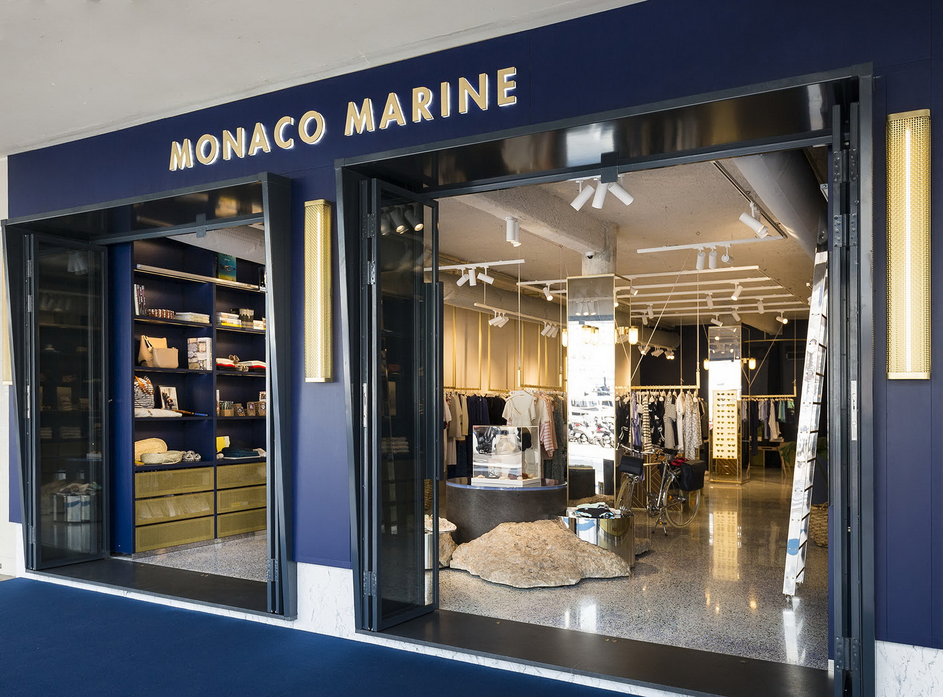 Matteo Brioni's textured clay plaster TerraEvoca 2 Layers Custom for Monaco Marine Merci boutique in Port Hercule, Monaco by Humbert and Poyet, photo by Rebecca Marshall