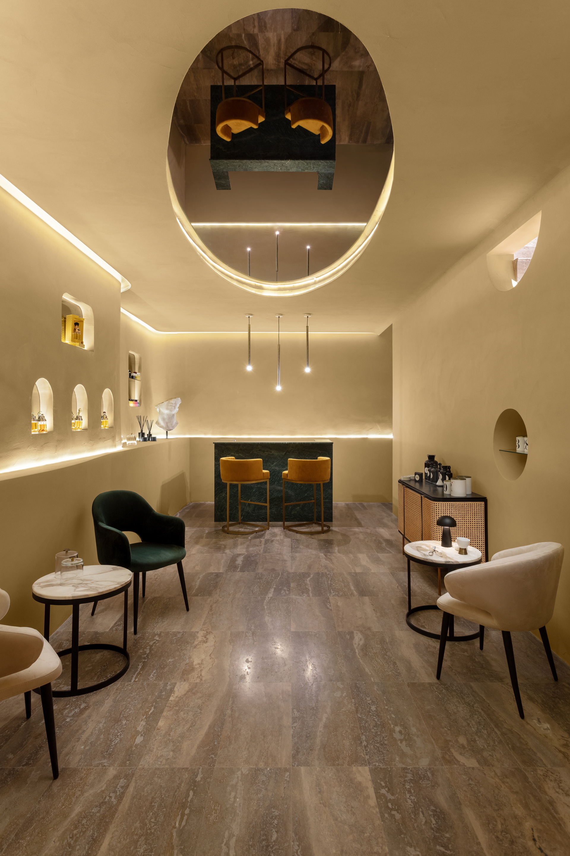 Matteo Brioni's reinforced fine-grained clay plaster TerraVista Plus Smooth Senape (mustard color) applied on walls in the Profumo shop in Naples, project by Primo Atelier, photo by Carlo Oriente