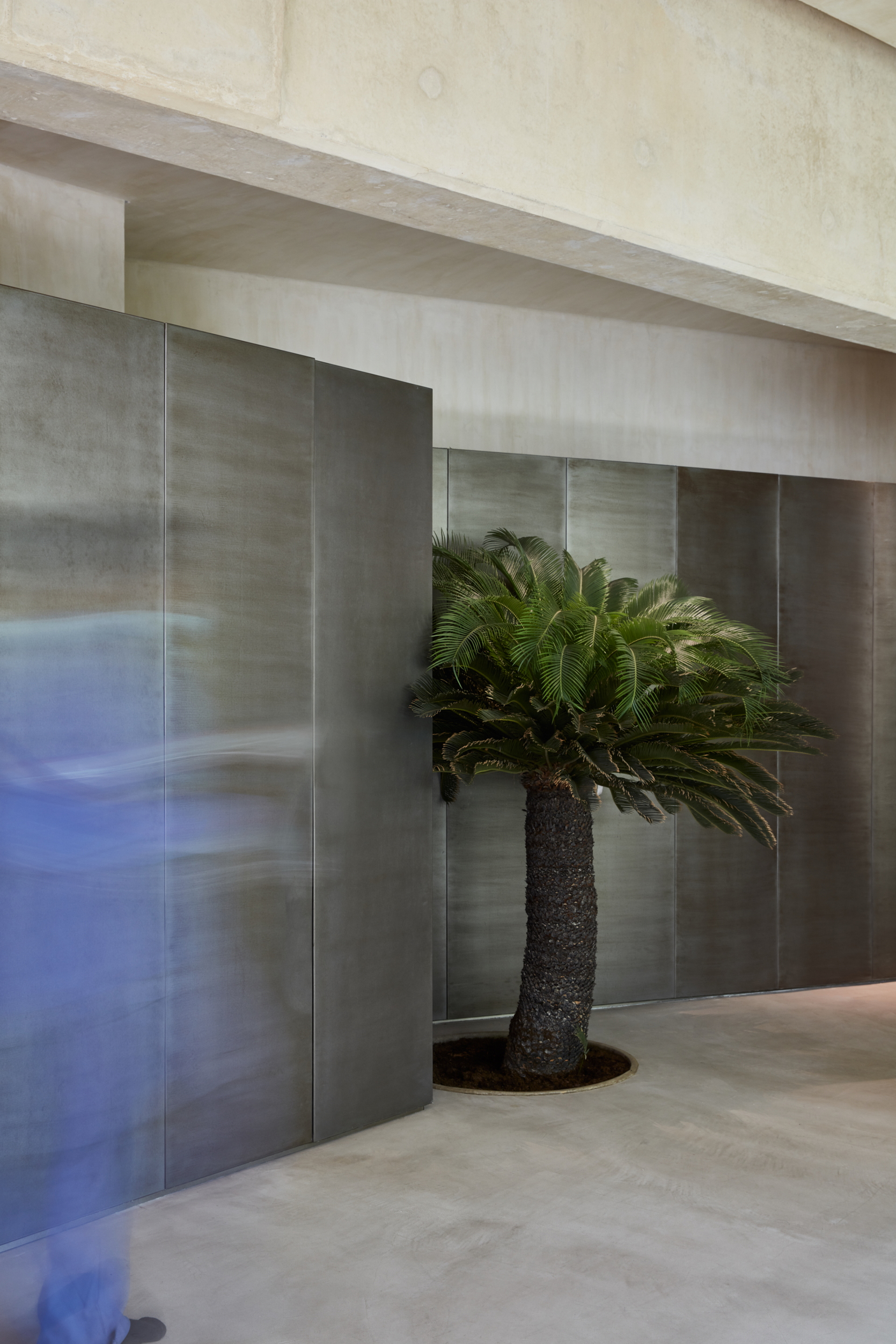 Clay finishing plaster TerraVista Wabi Panna (cream color) applied on walls, columns and ceilings, and Mineral floor finishing TerraTon Floor Structured Panna applied on floors in the Erth restaurant in Abu Dhabi, UAE, by Bone Studio, photo by Oculis Project