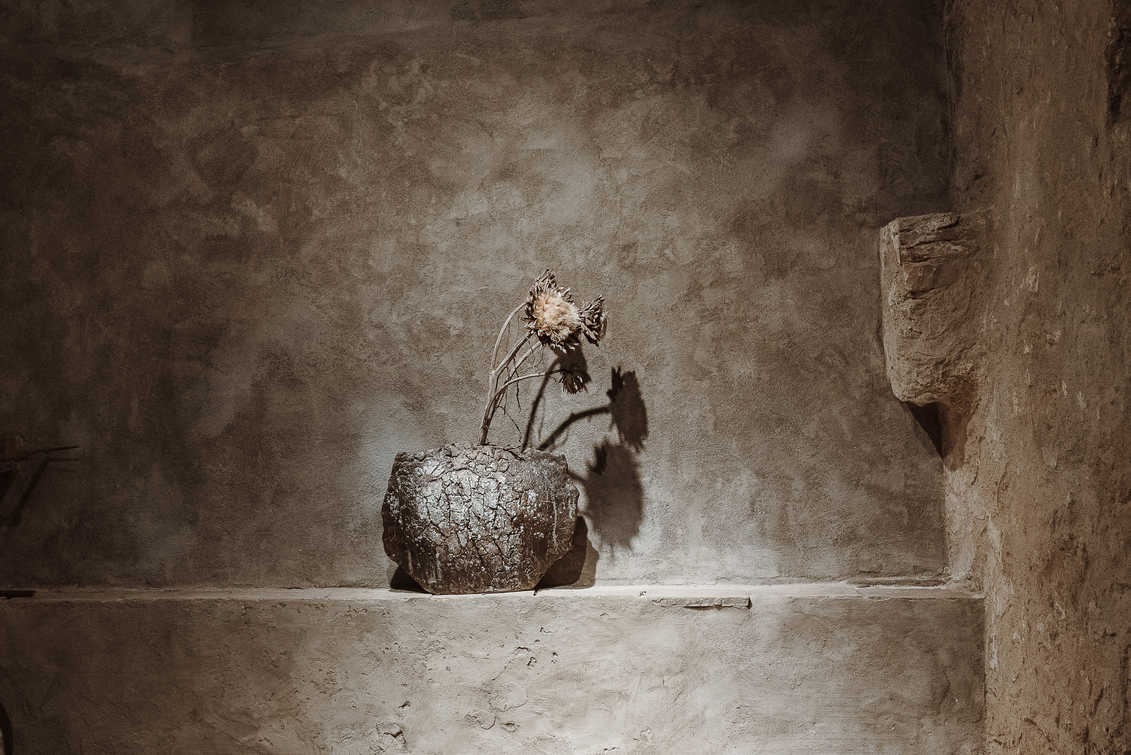 Intonaco di finitura in argilla a grana grossa MultiTerra Wabi Sale Grigio di Matteo Brioni applicato sulle pareti della galleria Kalpa Art Living di Volterra, progetto di Olga Niescier, foto di SImone Stanislai