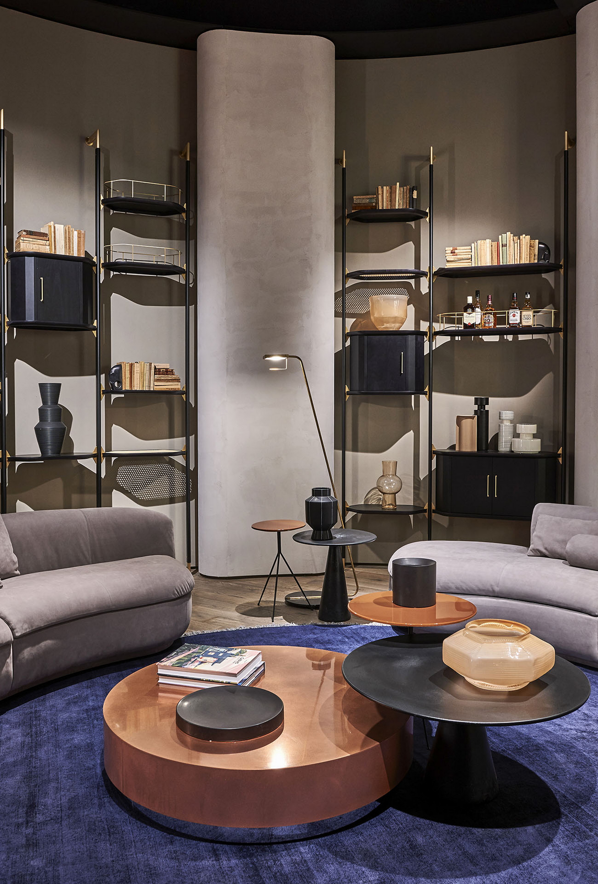 Natural clay paint TerraSilk Structured Sale Grigio (gray salt) and bespoke Pece colors by Matteo Brioni for Baxter stand surfaces at imm Cologne 2020. Design by Baxter, photo by James Stokes courtesy of Baxter