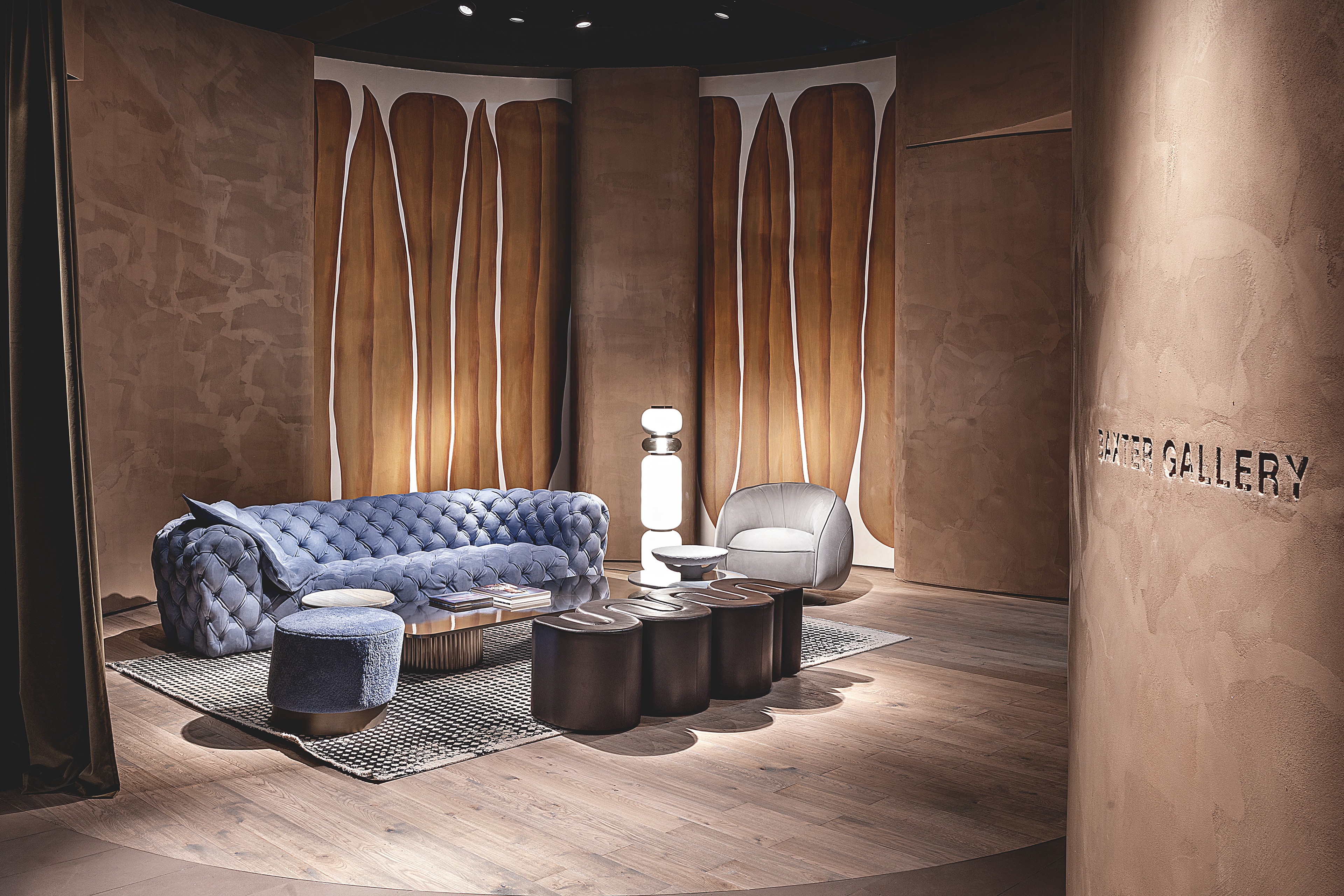 TerraSilk Structured natural clay paint in the colors Cipria (powder), Vinaccia (wine) and bespoke Wenge (dark brown) for Baxter's Gallery collection at the Milan Furniture Fair. Photography: courtesy of Baxter