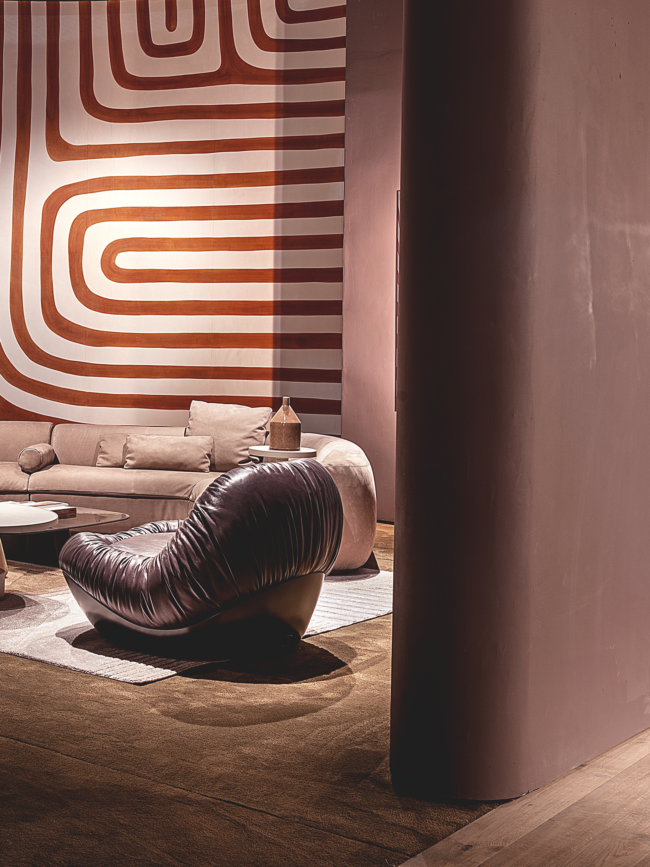 TerraSilk Structured natural clay paint in the colors Cipria (powder), Vinaccia (wine) and bespoke Wenge (dark brown) for Baxter's Gallery collection at the Milan Furniture Fair. Photography: courtesy of Baxter