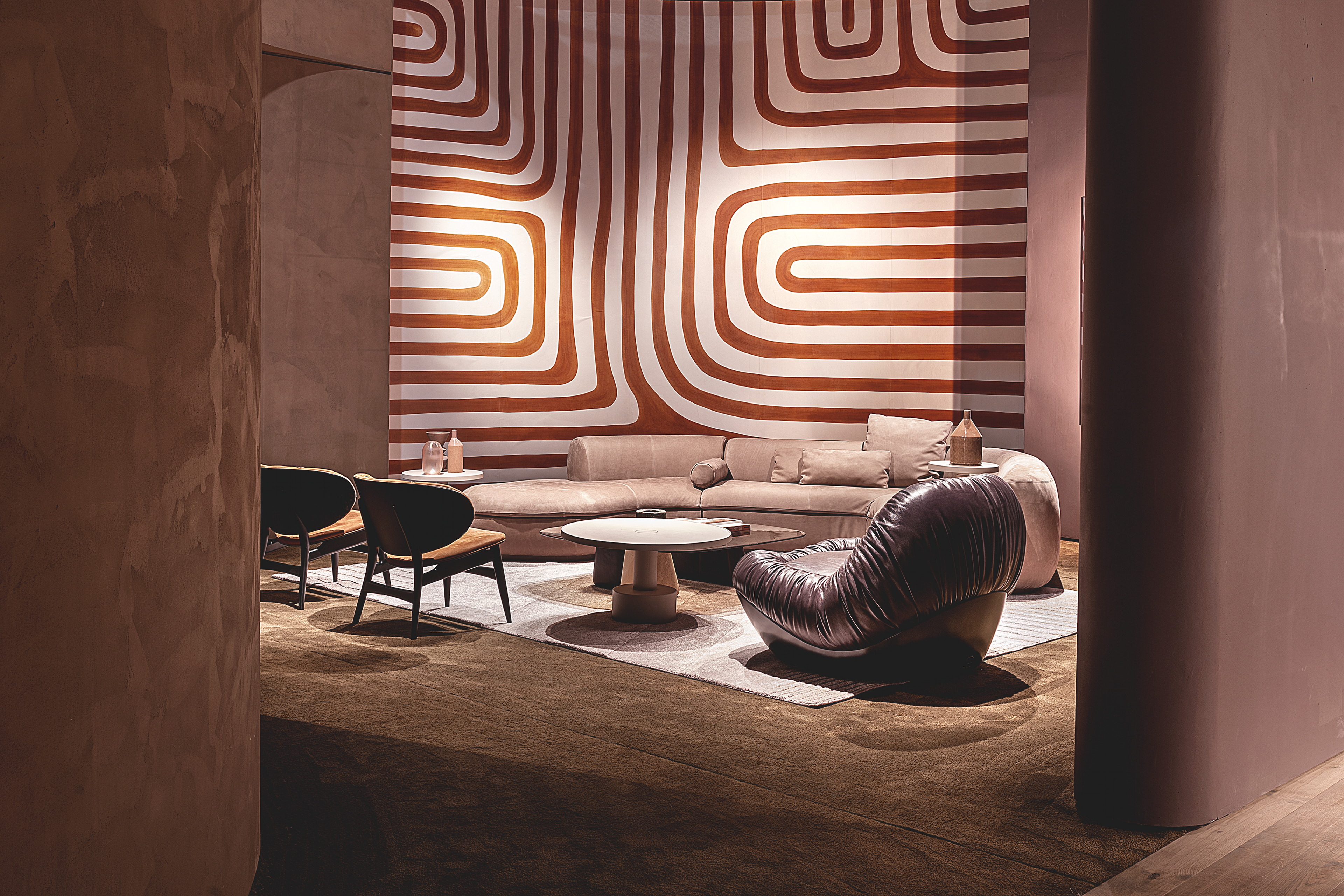 TerraSilk Structured natural clay paint in the colors Cipria (powder), Vinaccia (wine) and bespoke Wenge (dark brown) for Baxter's Gallery collection at the Milan Furniture Fair. Photography: courtesy of Baxter