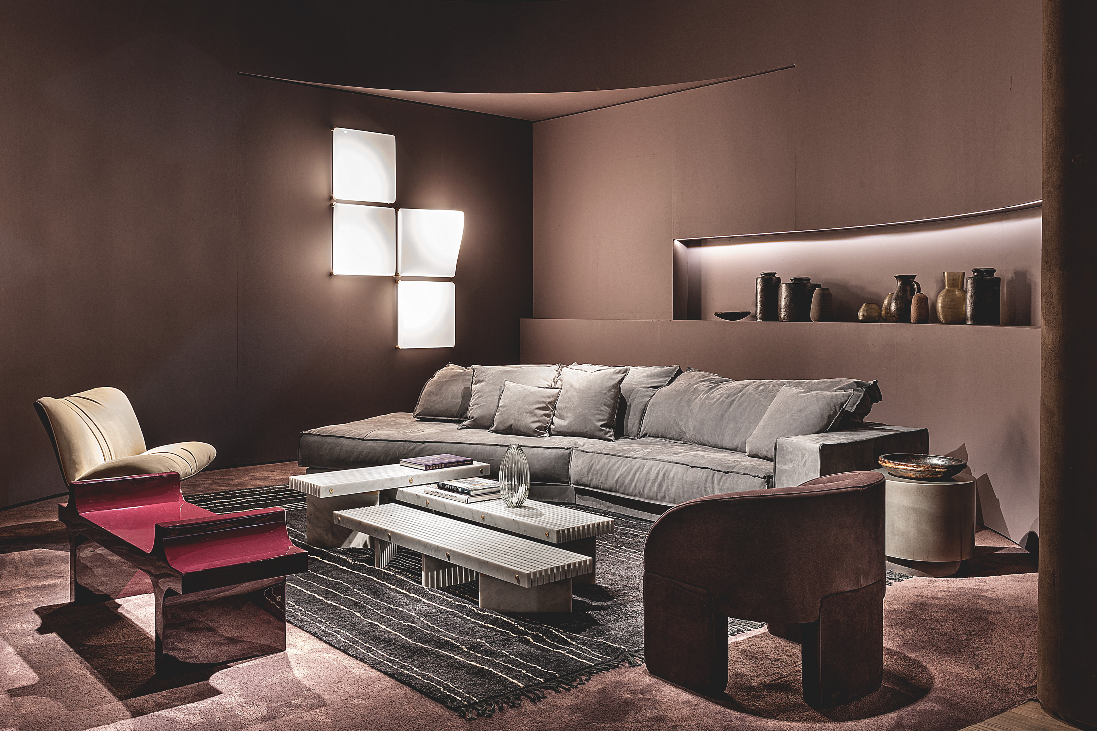 TerraSilk Structured natural clay paint in the colors Cipria (powder), Vinaccia (wine) and bespoke Wenge (dark brown) for Baxter's Gallery collection at the Milan Furniture Fair. Photography: courtesy of Baxter