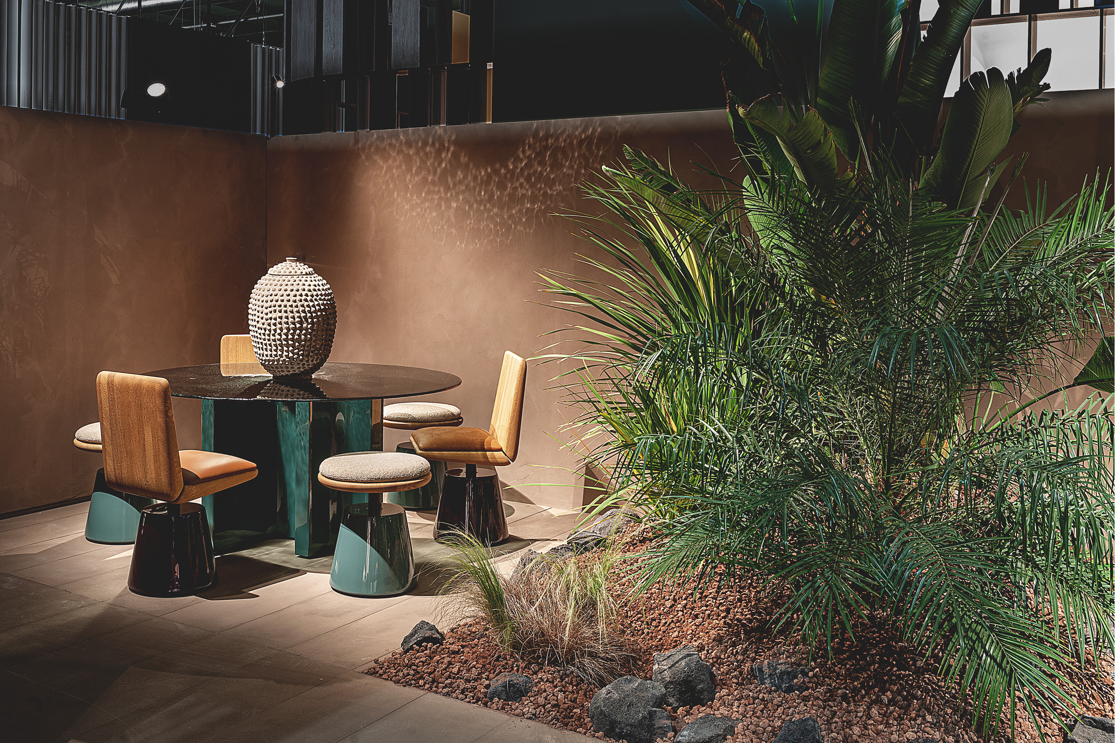 TerraSilk Structured natural clay paint in the colors Cipria (powder), Vinaccia (wine) and bespoke Wenge (dark brown) for Baxter's Gallery collection at the Milan Furniture Fair. Photography: courtesy of Baxter