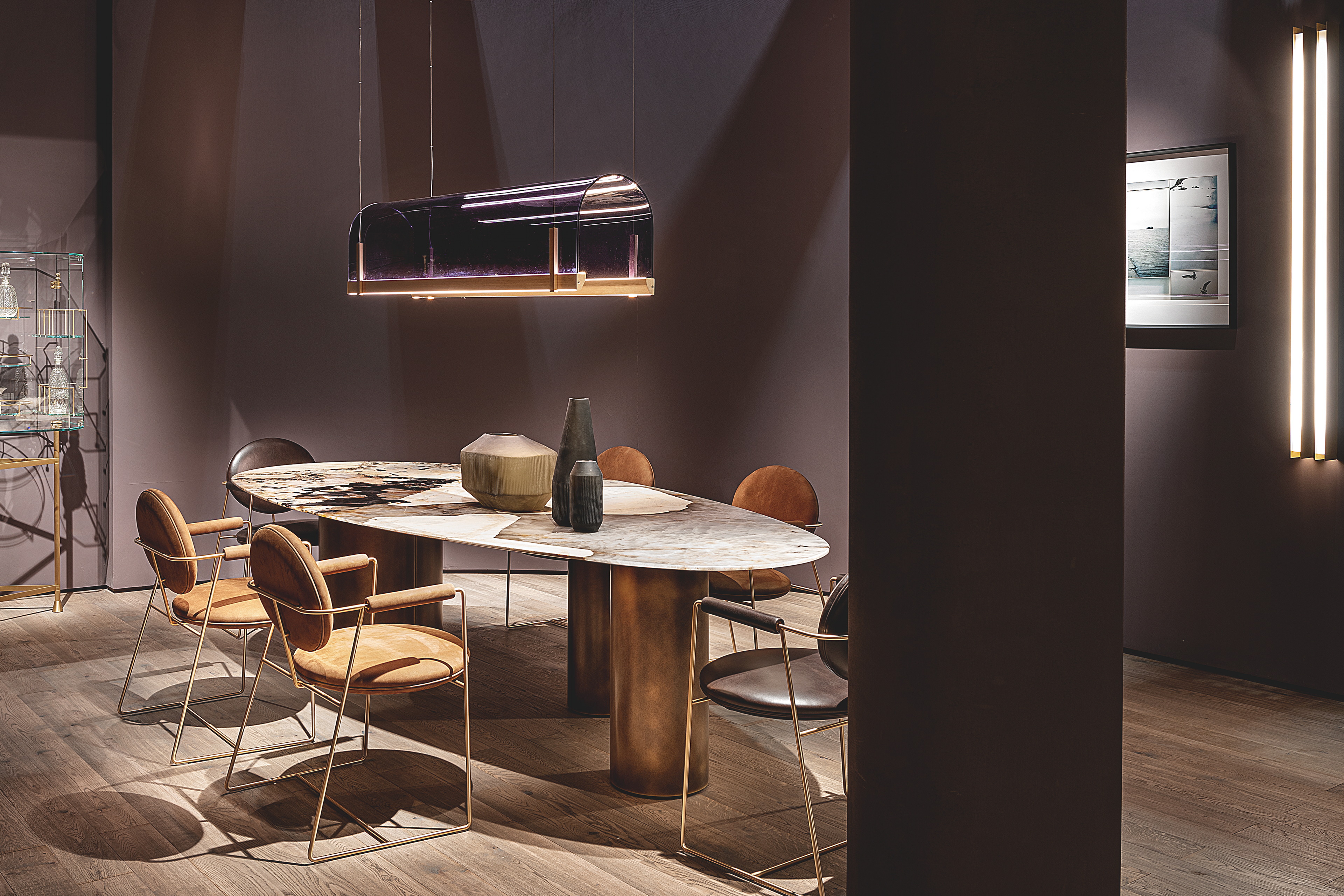 TerraSilk Structured natural clay paint in the colors Cipria (powder), Vinaccia (wine) and bespoke Wenge (dark brown) for Baxter's Gallery collection at the Milan Furniture Fair. Photography: courtesy of Baxter