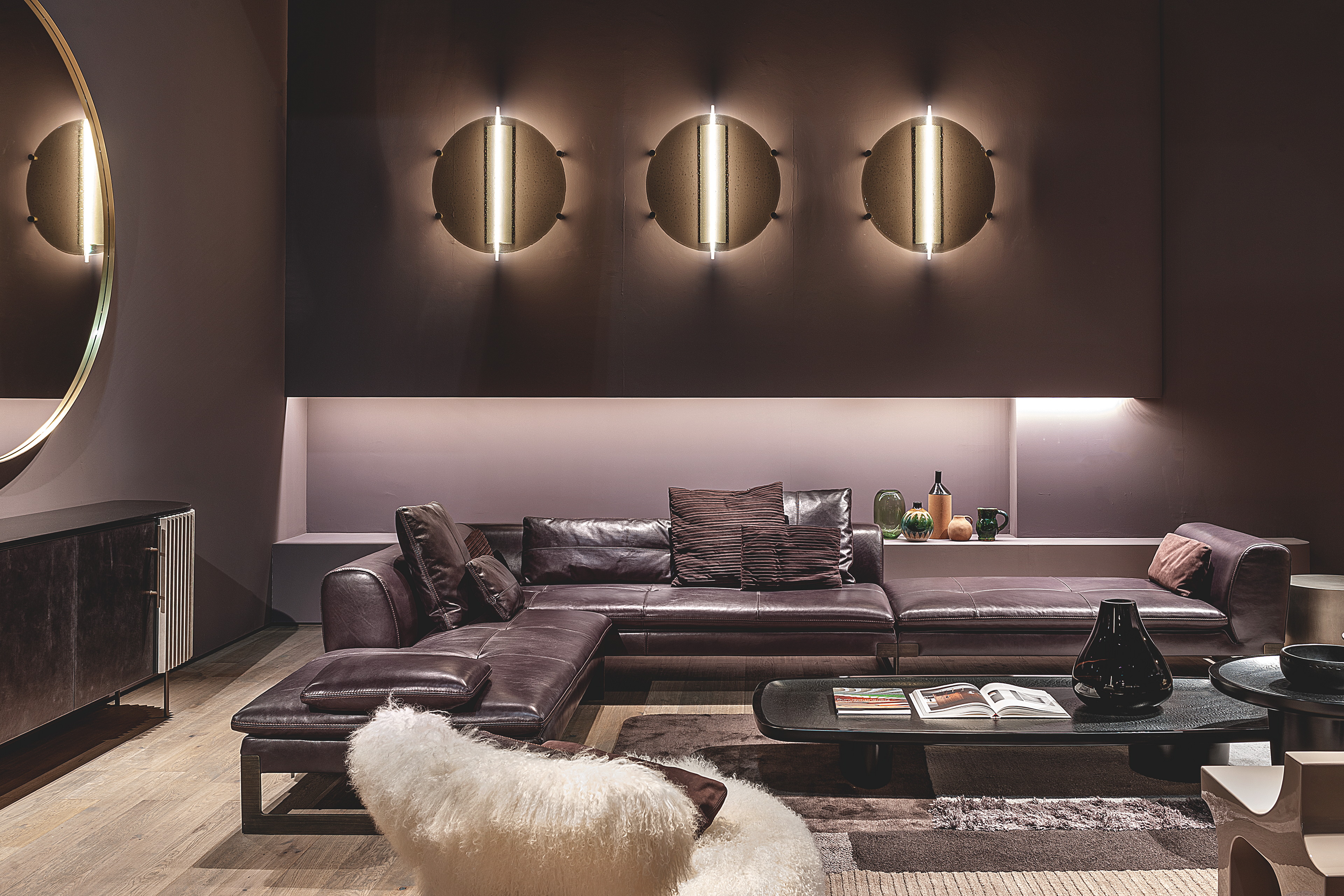 TerraSilk Structured natural clay paint in the colors Cipria (powder), Vinaccia (wine) and bespoke Wenge (dark brown) for Baxter's Gallery collection at the Milan Furniture Fair. Photography: courtesy of Baxter