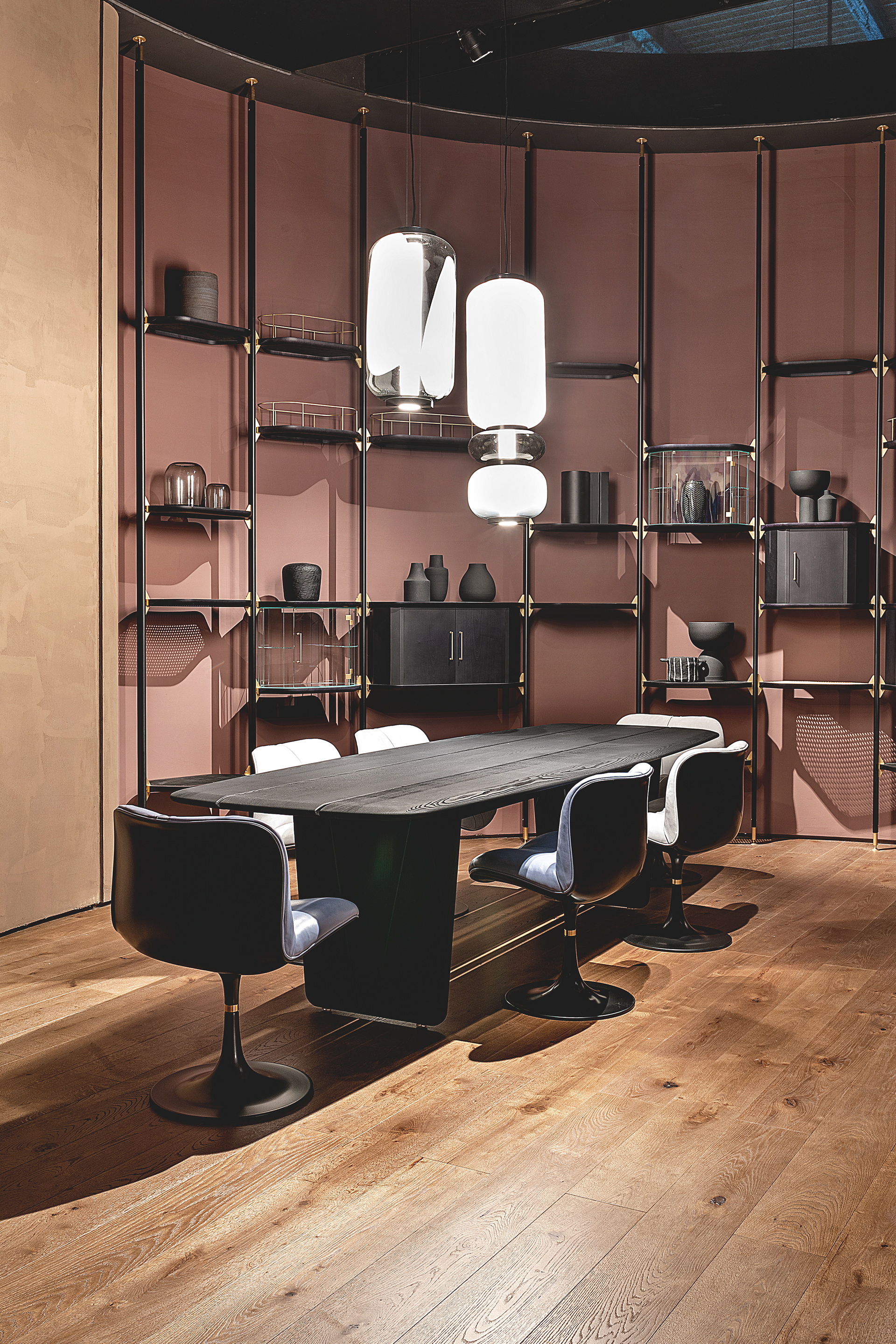 TerraSilk Structured natural clay paint in the colors Cipria (powder), Vinaccia (wine) and bespoke Wenge (dark brown) for Baxter's Home collection at the Milan Furniture Fair. Photography: courtesy of Baxter