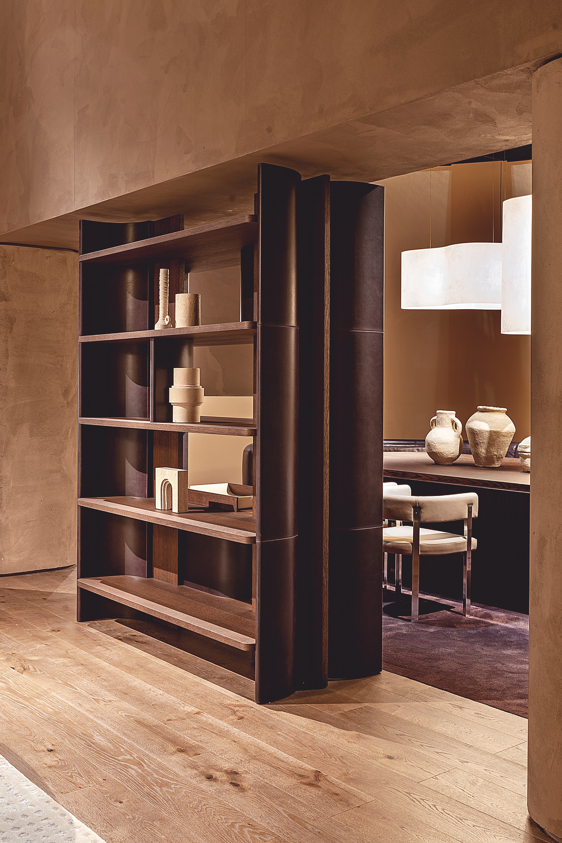 TerraSilk Structured natural clay paint in the colors Cipria (powder), Vinaccia (wine) and bespoke Wenge (dark brown) for Baxter's Home collection at the Milan Furniture Fair. Photography: courtesy of Baxter