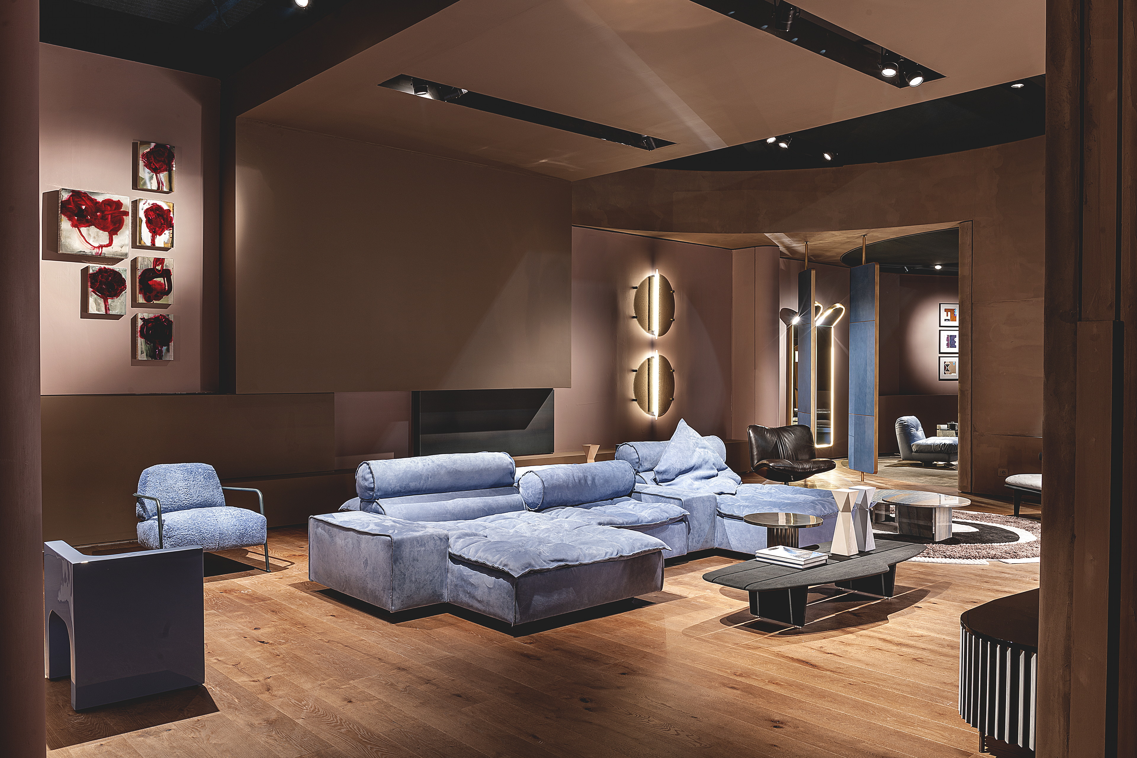 TerraSilk Structured natural clay paint in the colors Cipria (powder), Vinaccia (wine) and bespoke Wenge (dark brown) for Baxter's Home collection at the Milan Furniture Fair. Photography: courtesy of Baxter