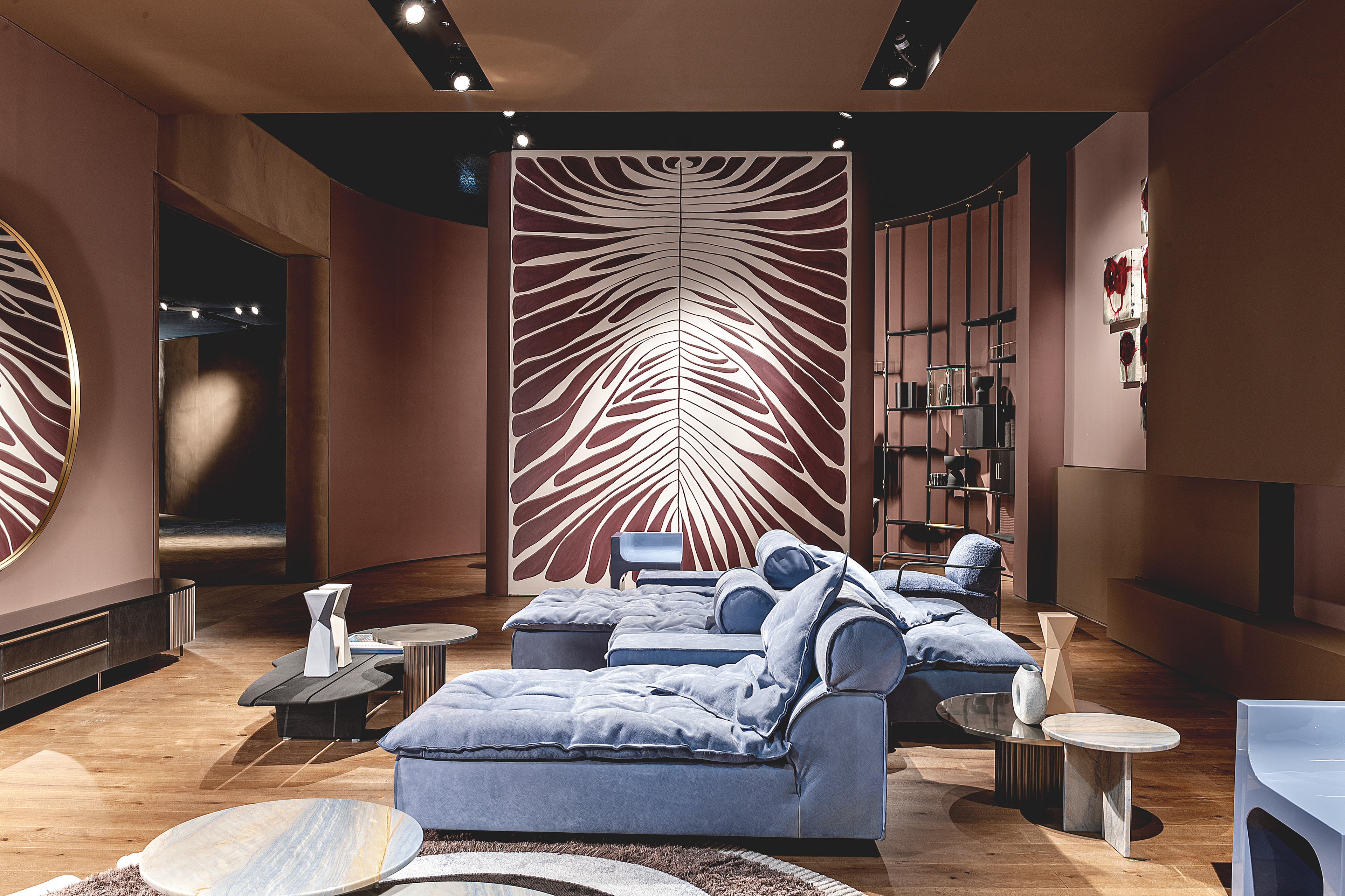 TerraSilk Structured natural clay paint in the colors Cipria (powder), Vinaccia (wine) and bespoke Wenge (dark brown) for Baxter's Home collection at the Milan Furniture Fair. Photography: courtesy of Baxter