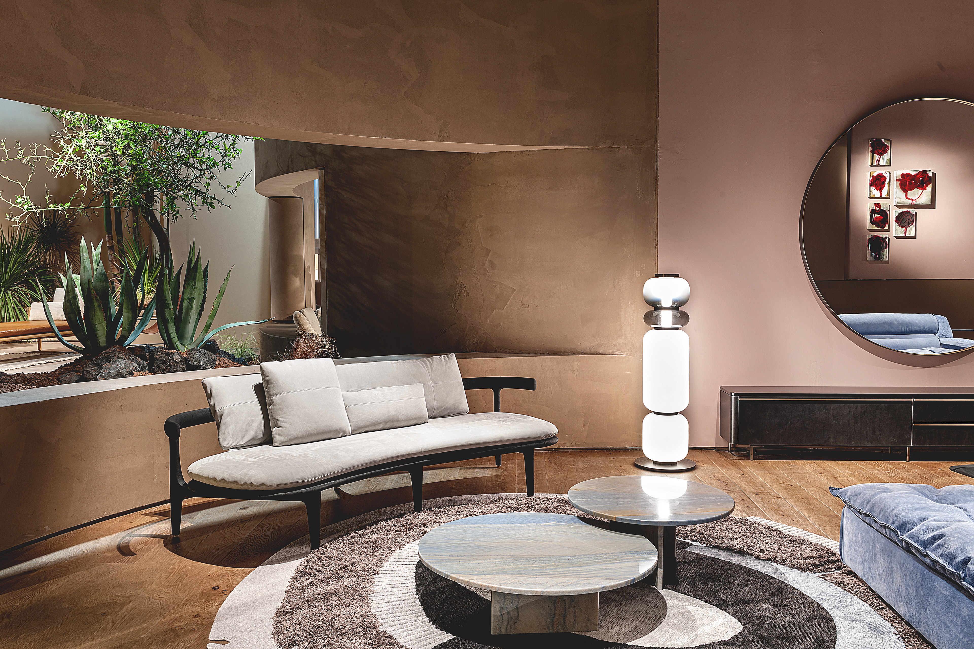 TerraSilk Structured natural clay paint in the colors Cipria (powder), Vinaccia (wine) and bespoke Wenge (dark brown) for Baxter's Home collection at the Milan Furniture Fair. Photography: courtesy of Baxter