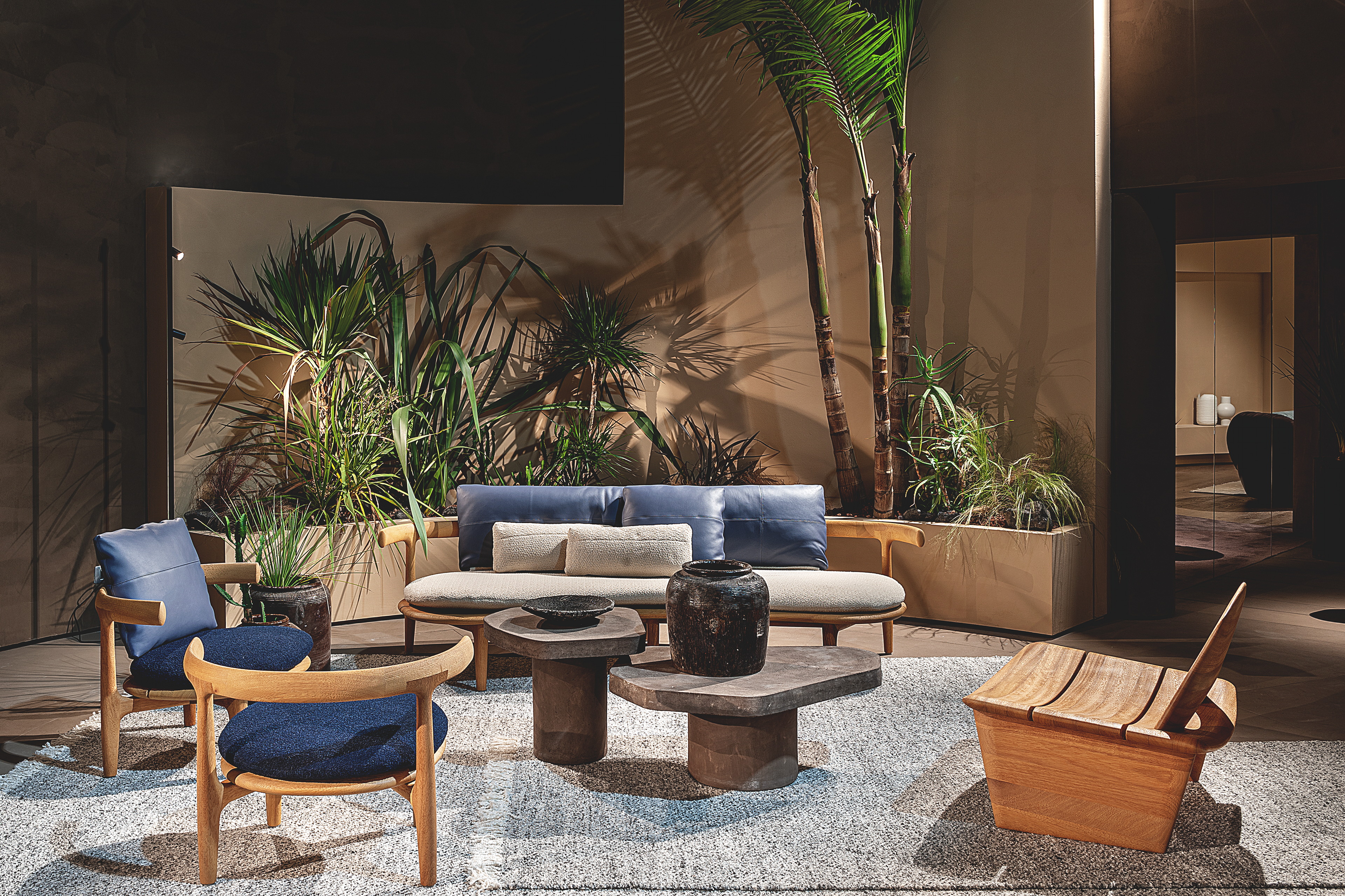 TerraSilk Structured natural clay paint in the colors Cipria (powder), Vinaccia (wine) and bespoke Wenge (dark brown) for Baxter's Home collection at the Milan Furniture Fair. Photography: courtesy of Baxter