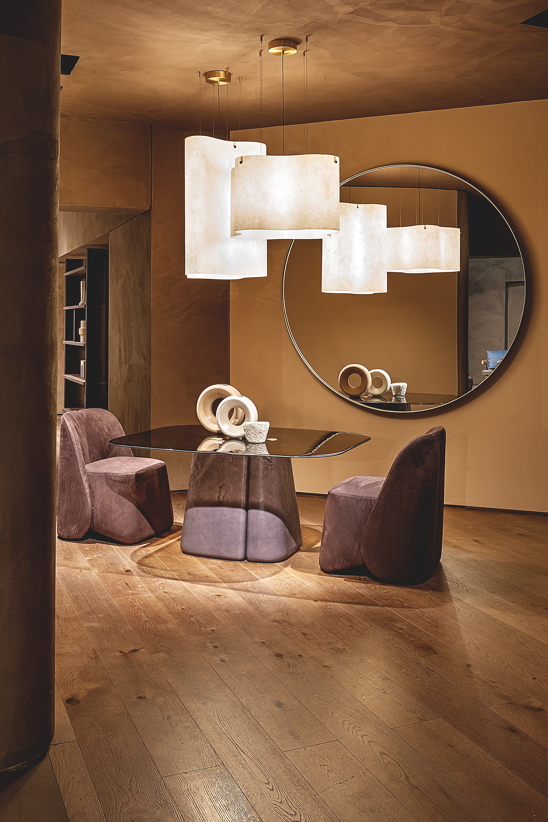 TerraSilk Structured natural clay paint in the colors Cipria (powder), Vinaccia (wine) and bespoke Wenge (dark brown) for Baxter's Home collection at the Milan Furniture Fair. Photography: courtesy of Baxter