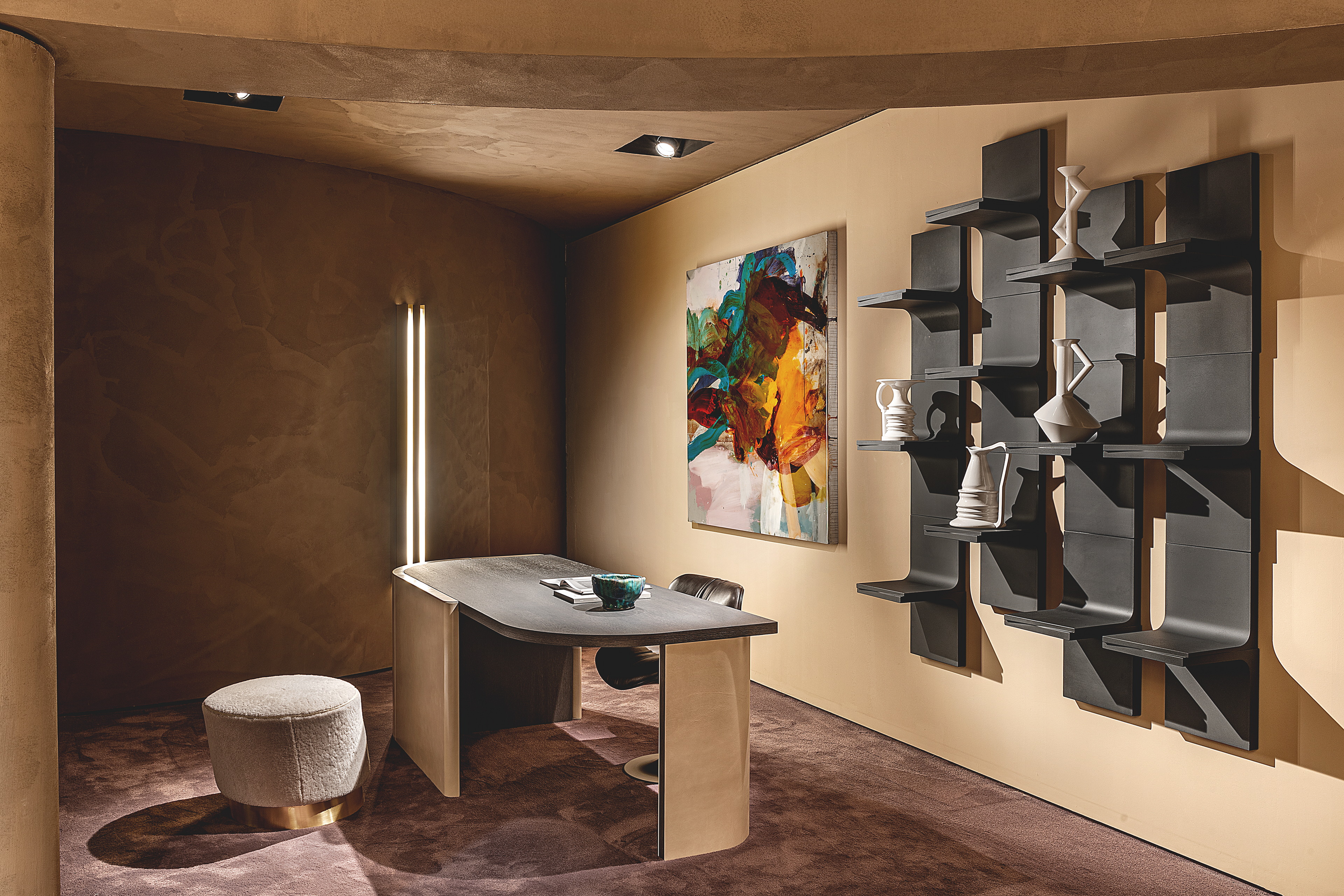 TerraSilk Structured natural clay paint in the colors Cipria (powder), Vinaccia (wine) and bespoke Wenge (dark brown) for Baxter's Home collection at the Milan Furniture Fair. Photography: courtesy of Baxter