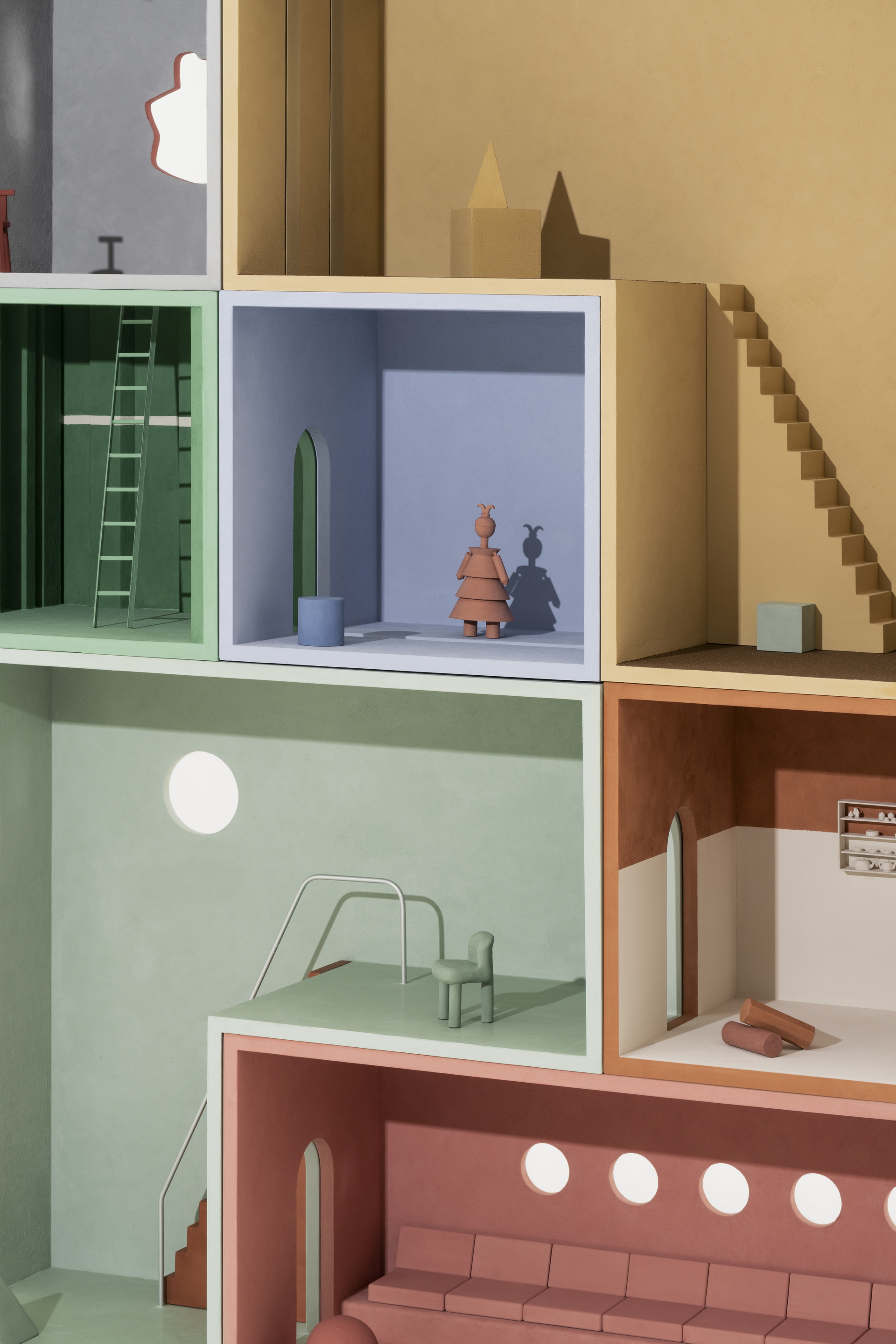 MATTEOBRIONI SkinClay powder paint applied to the surfaces of the Doll's house model designed by Studio Irvine. Photography by Delfino Sisto Legnani