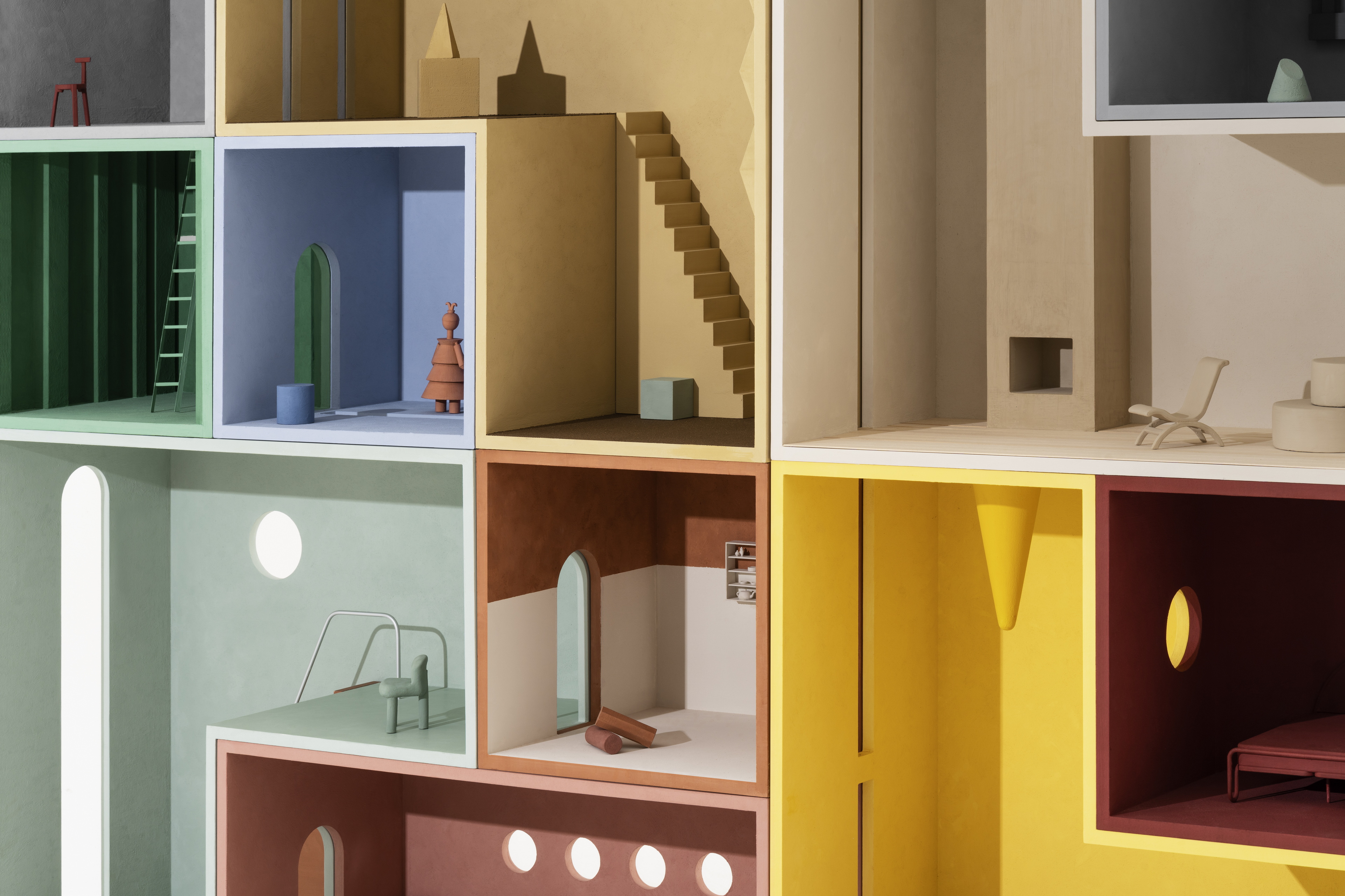 MATTEOBRIONI SkinClay powder paint applied to the surfaces of the Doll's house model designed by Studio Irvine. Photography by Delfino Sisto Legnani