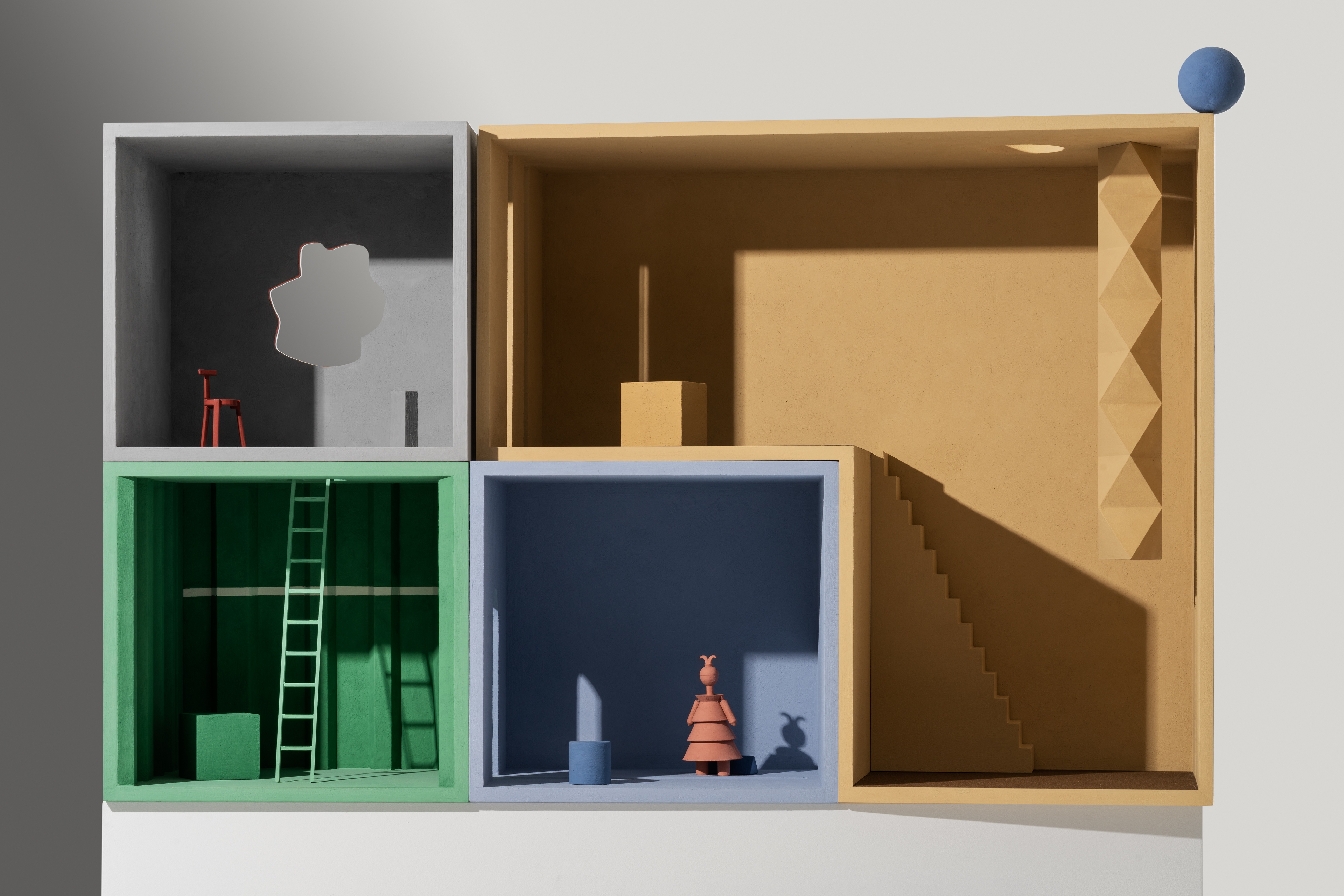 MATTEOBRIONI SkinClay powder paint applied to the surfaces of the Doll's house model designed by Studio Irvine. Photography by Delfino Sisto Legnani