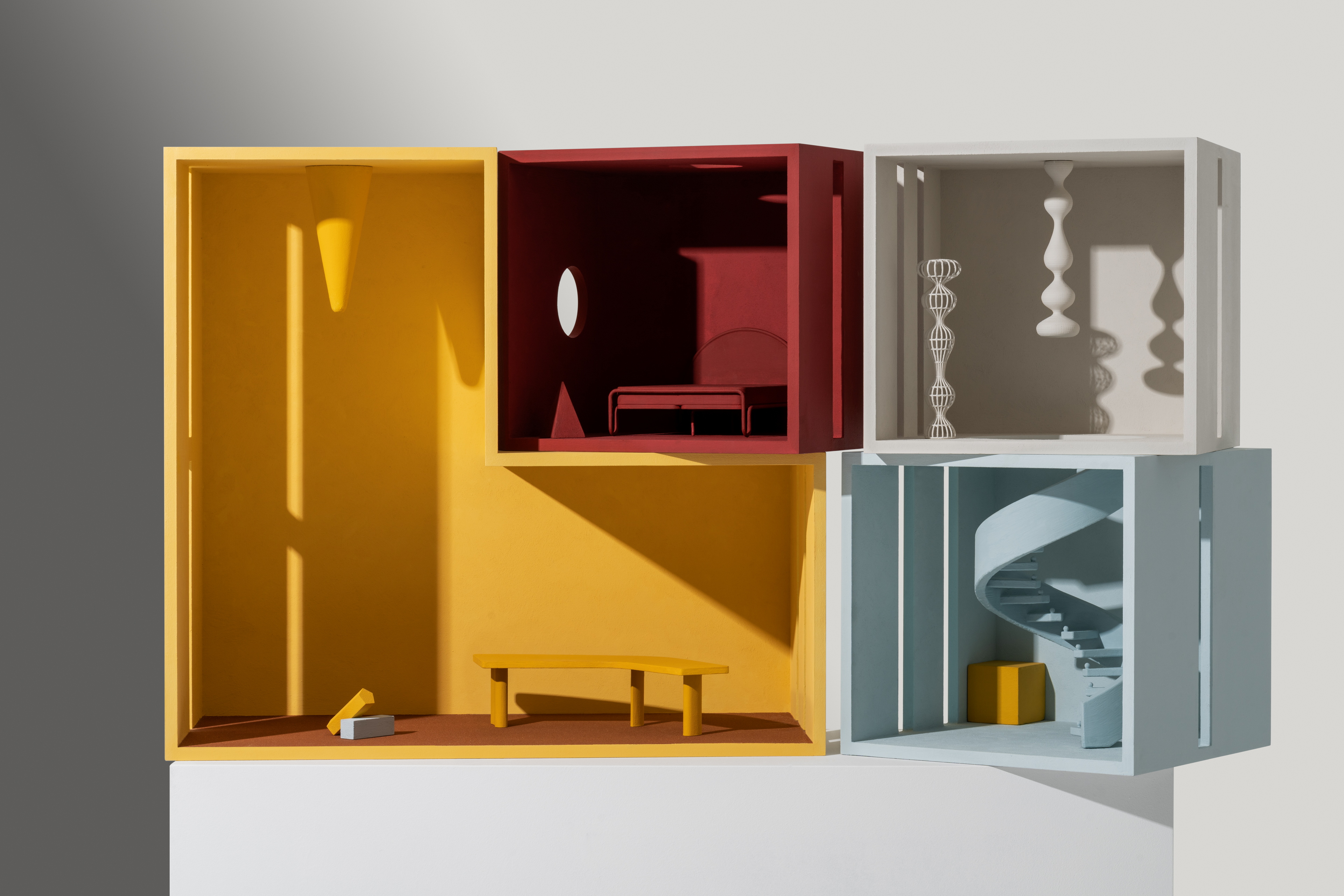 MATTEOBRIONI SkinClay powder paint applied to the surfaces of the Doll's house model designed by Studio Irvine. Photography by Delfino Sisto Legnani