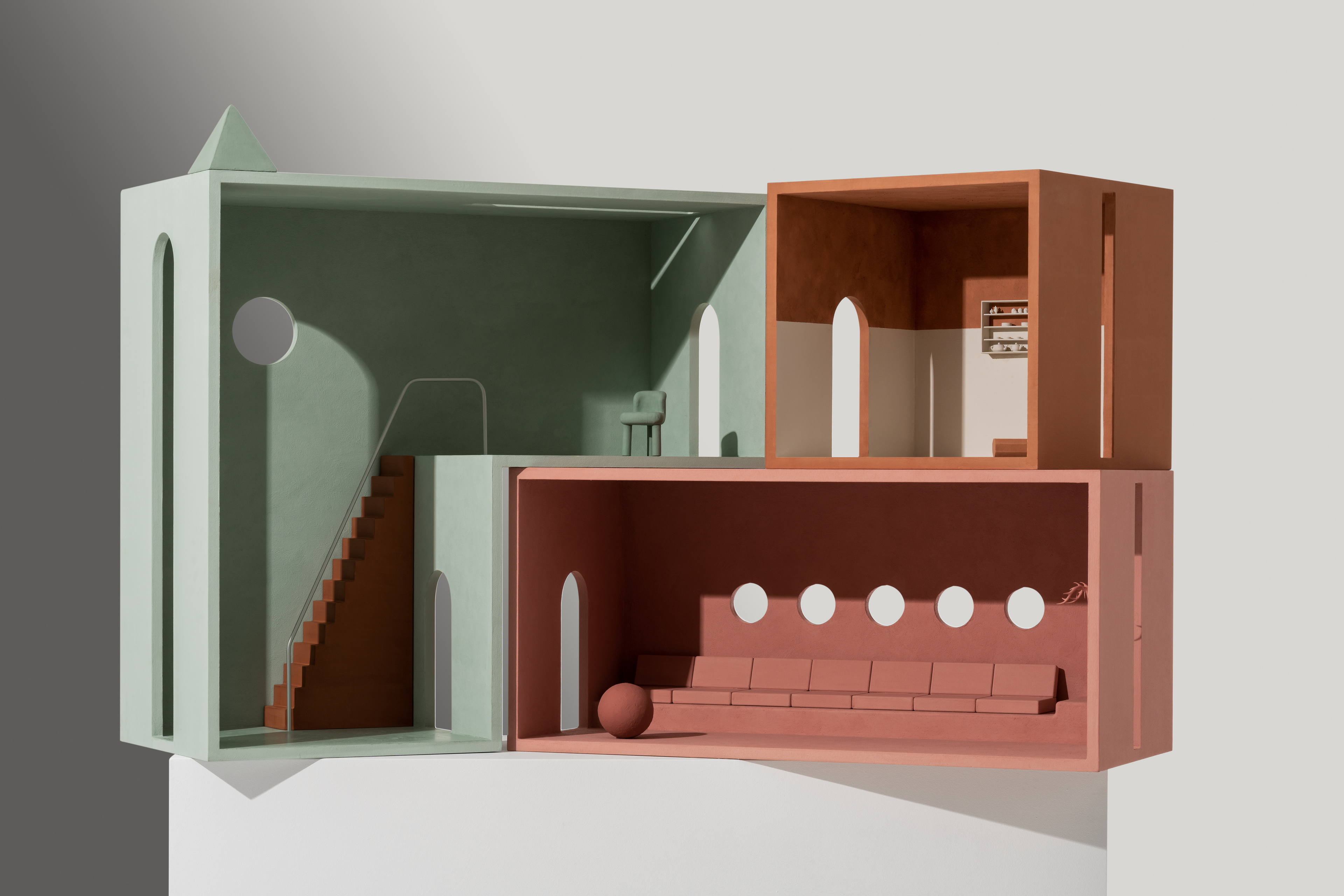 MATTEOBRIONI SkinClay powder paint applied to the surfaces of the Doll's house model designed by Studio Irvine. Photography by Delfino Sisto Legnani