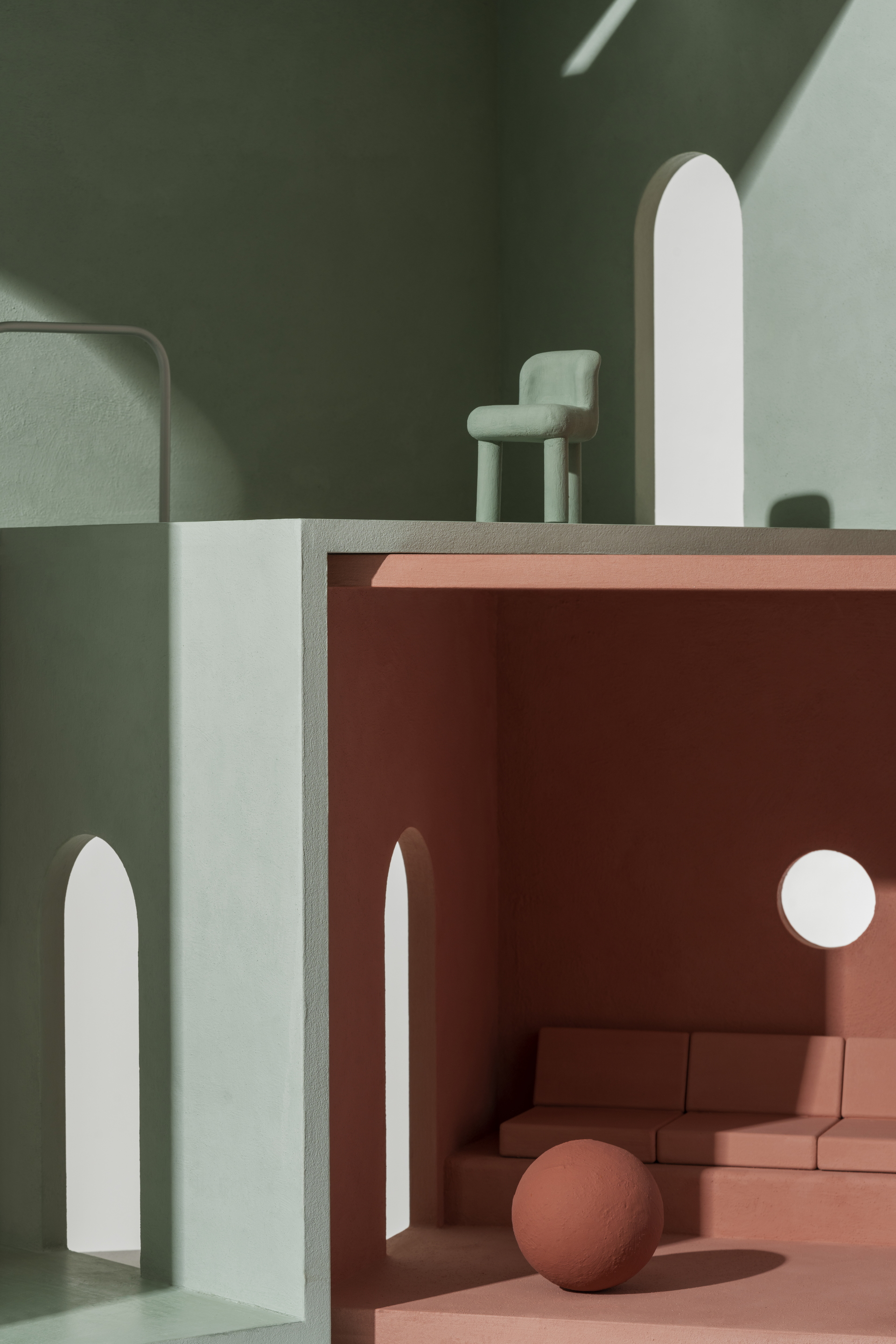 MATTEOBRIONI SkinClay powder paint applied to the surfaces of the Doll's house model designed by Studio Irvine. Photography by Delfino Sisto Legnani