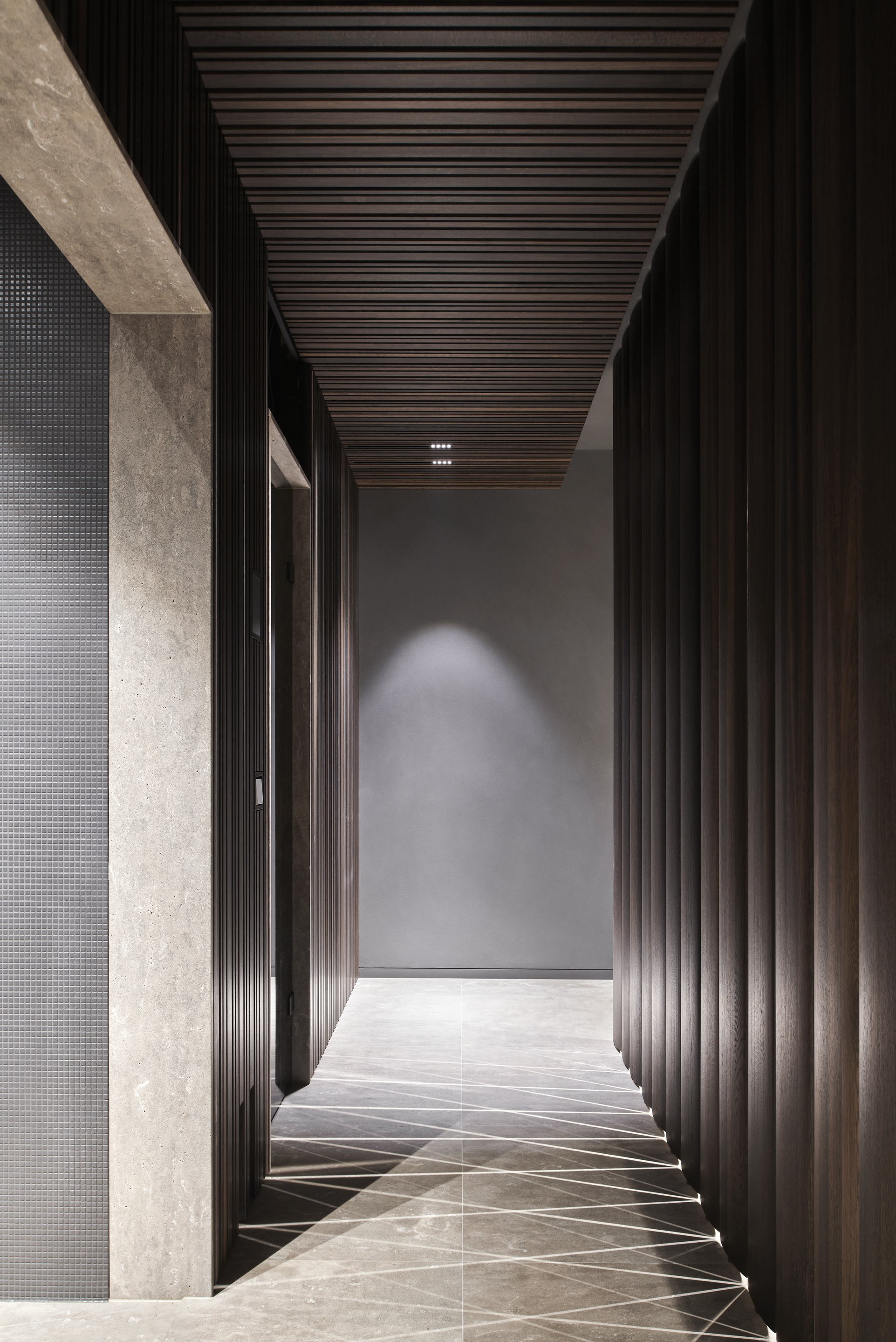 Intonaco di finitura in argilla rinforzata TerraVista Plus Pepe Nero applicato a pareti e soffitti di una residenza privata a Monaco di Baviera.Progetto di Tobias Petri, Holzrausch GmbHFotografia di Oliver Jaist