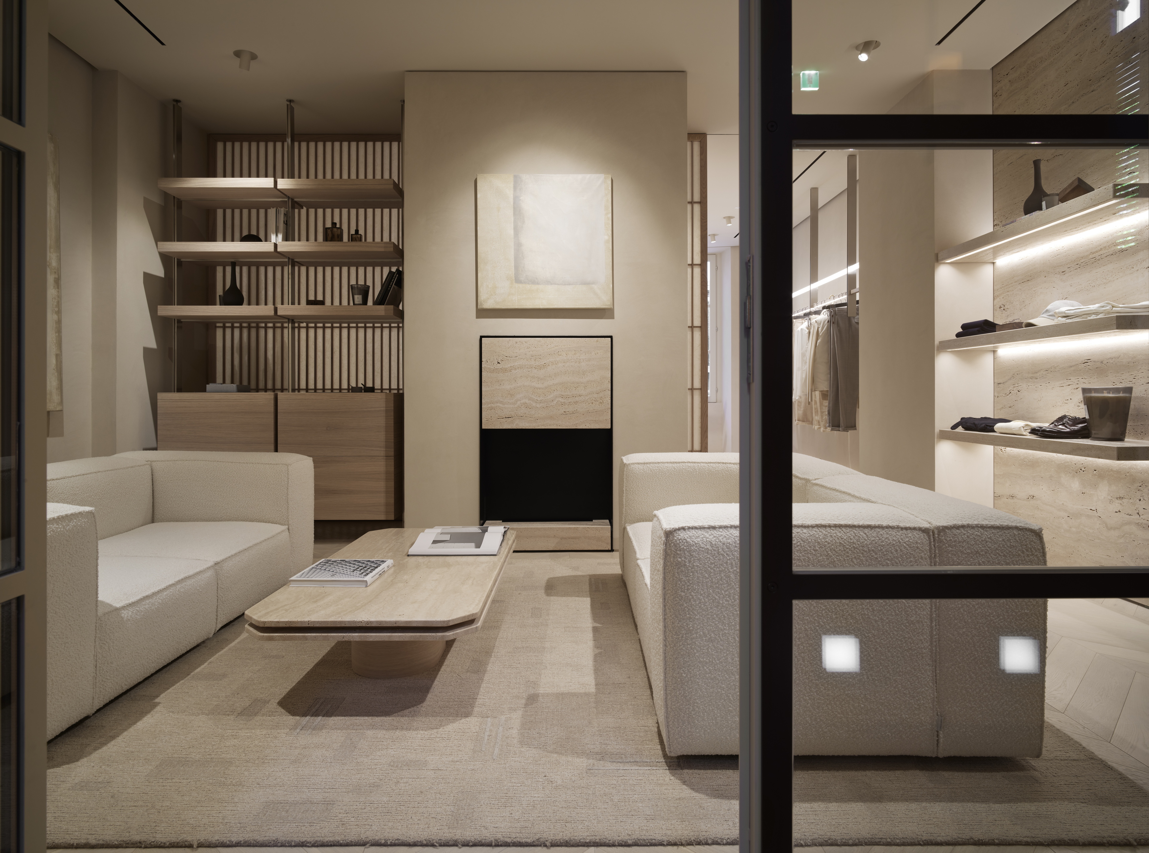 Reinforced clay finishing plaster TerraVista Plus Smooth Panna (cream) colour applied to the walls of Eleventy's Milan flagship store. Project by Parisotto+Formenton Photography: Pietro Savorelli